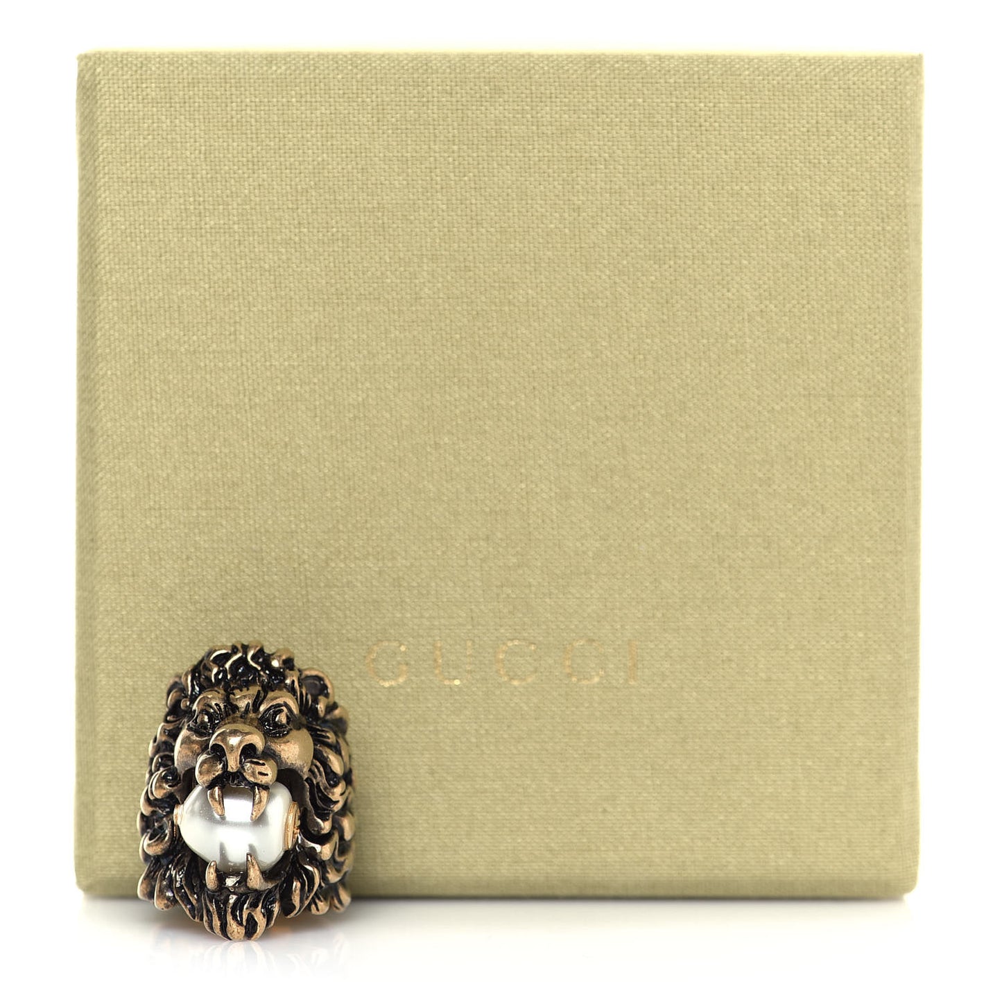 Metal Glass Pearl Lion Head Ring 6.5 Aged Gold