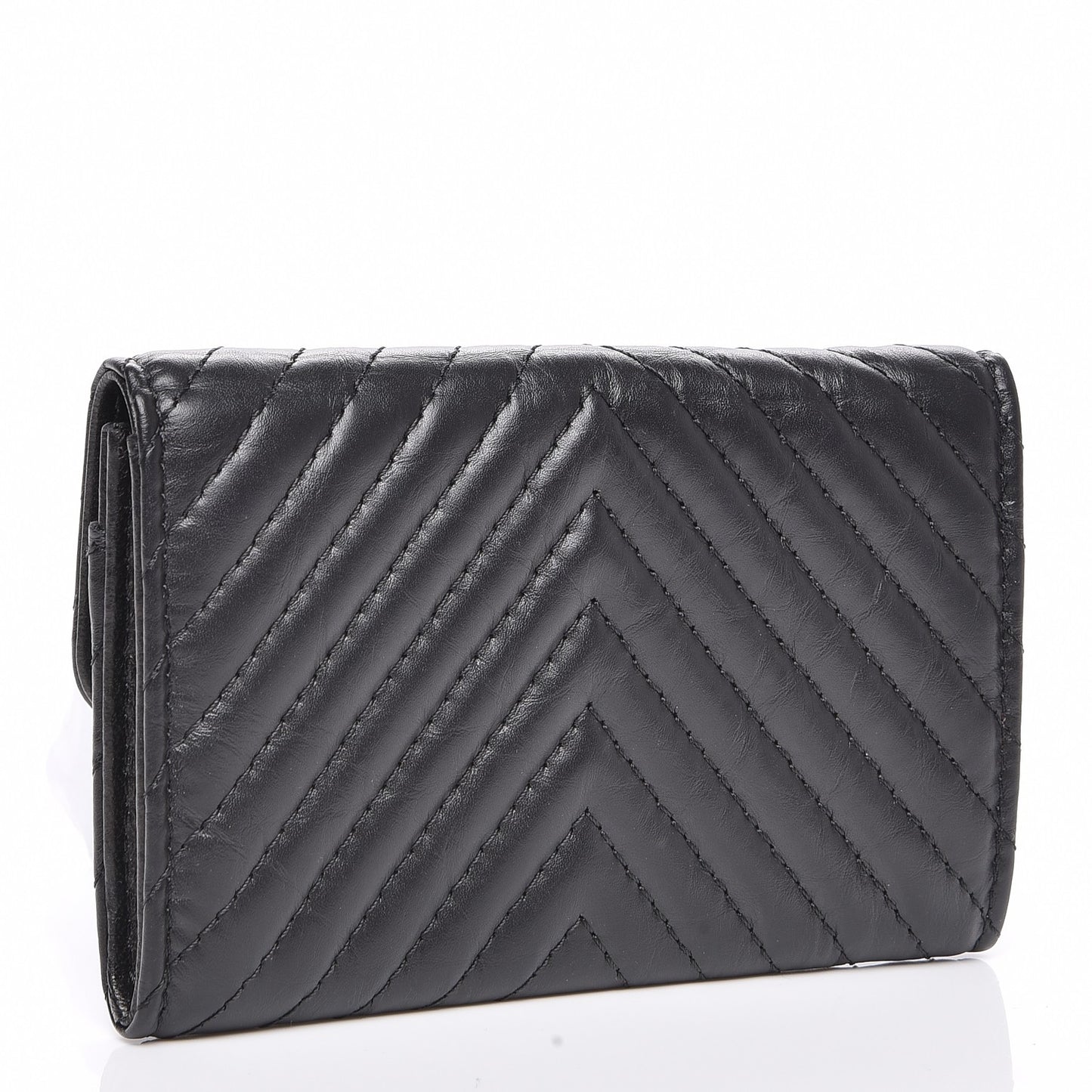 Aged Calfskin Chevron Quilted Card Holder Wallet Black