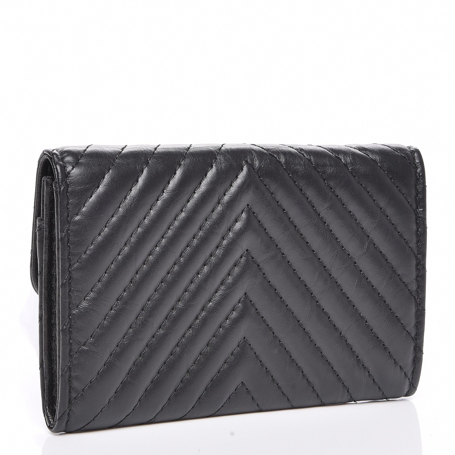 Chanel Aged Calfskin Chevron Quilted Card Holder Wallet Black 3 of 9