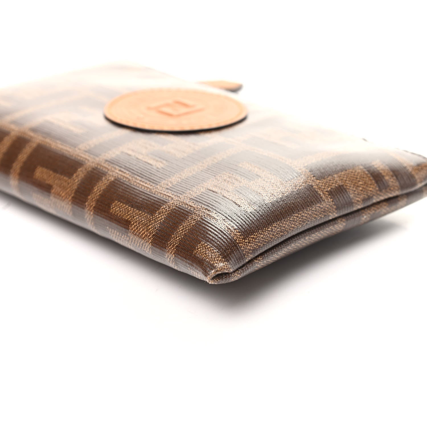Fendi Glazed Fabric Vitello Century FF 1974 Stamp Patch XS FFreedom Flat Pouch Mogano Panna Caramello 8 of 8