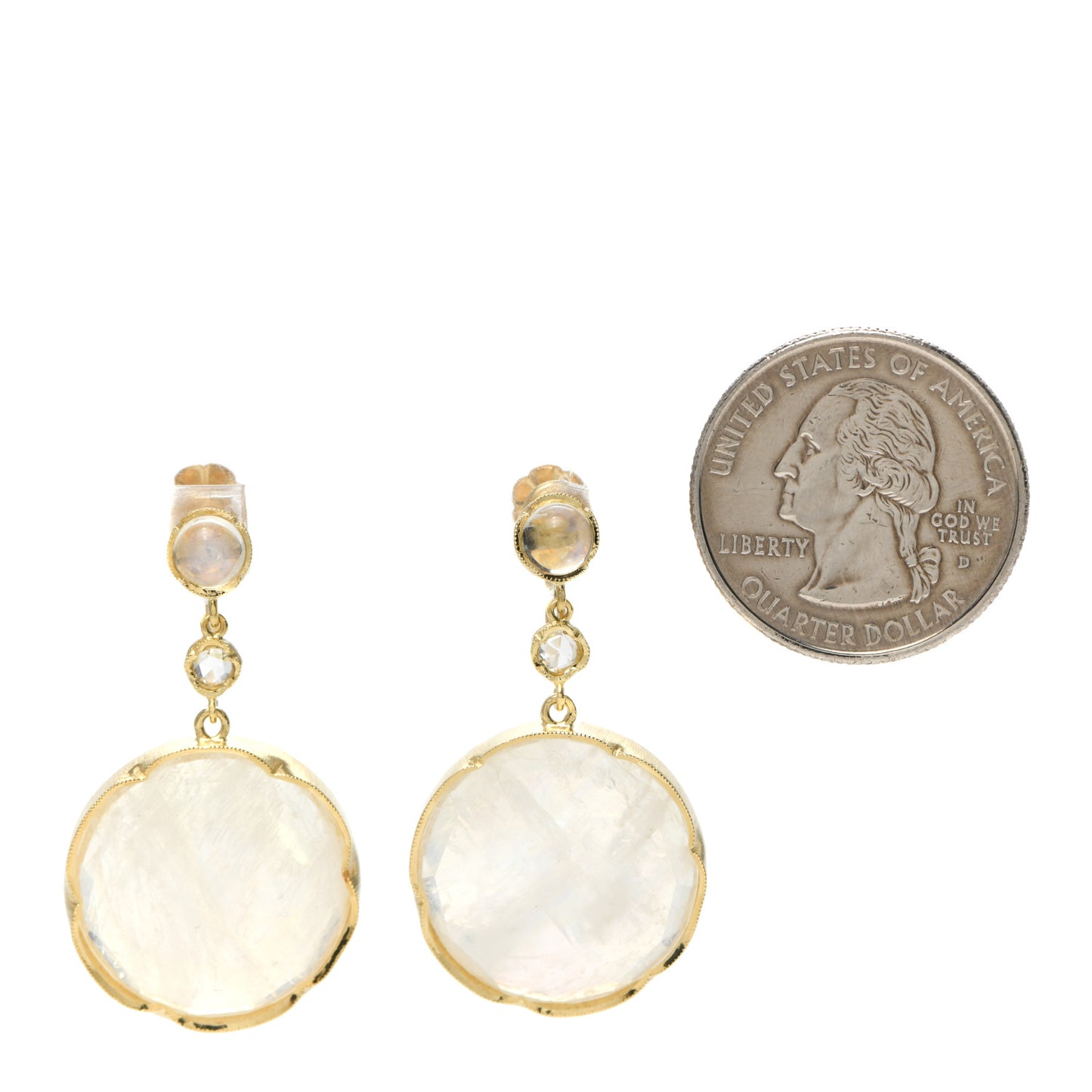 18K Yellow Gold Diamond Moonstone Screw-Back Drop Earrings