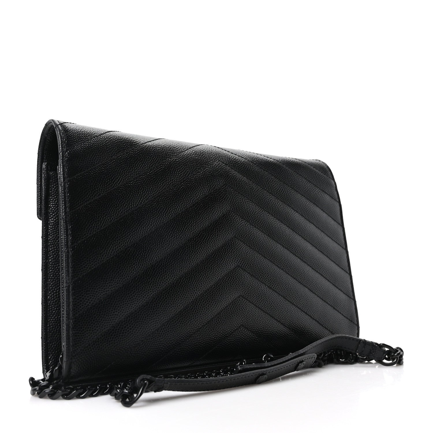 Saint Laurent Grain De Poudre Matelasse Chevron Monogram Monochrome Chain Wallet Black 4 of 17