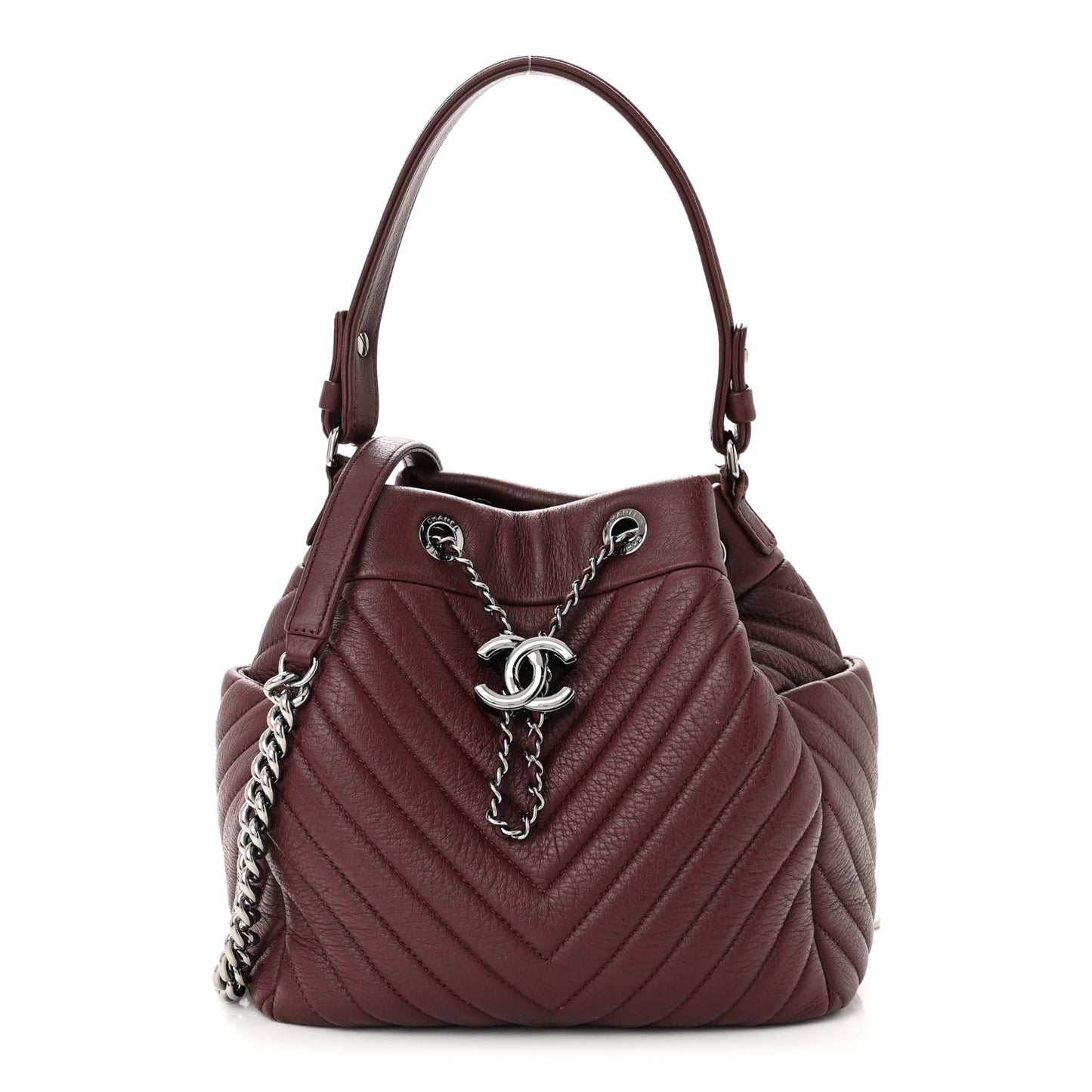 Deerskin Chevron Small CC Chain Bucket Bag Burgundy