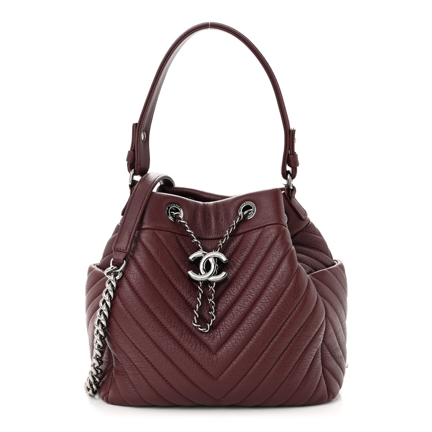 Chanel Deerskin Chevron Small CC Chain Bucket Bag Burgundy 1 of 11