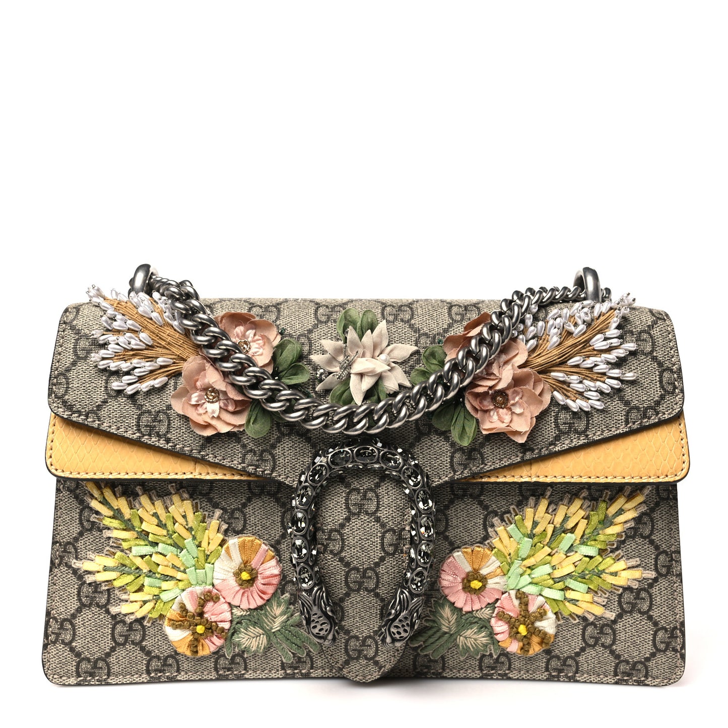 GG Supreme Monogram Snakeskin Flower Embroidered Medium Dionysus Shoulder Bag Beige Yellow