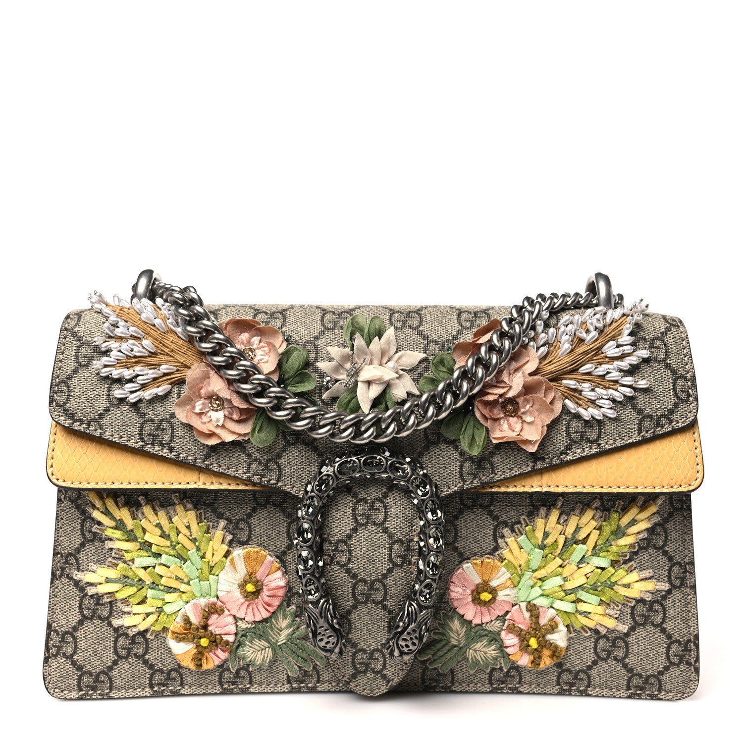Gucci GG Supreme Monogram Snakeskin Flower Embroidered Medium Dionysus Shoulder Bag Beige Yellow 1 of 10