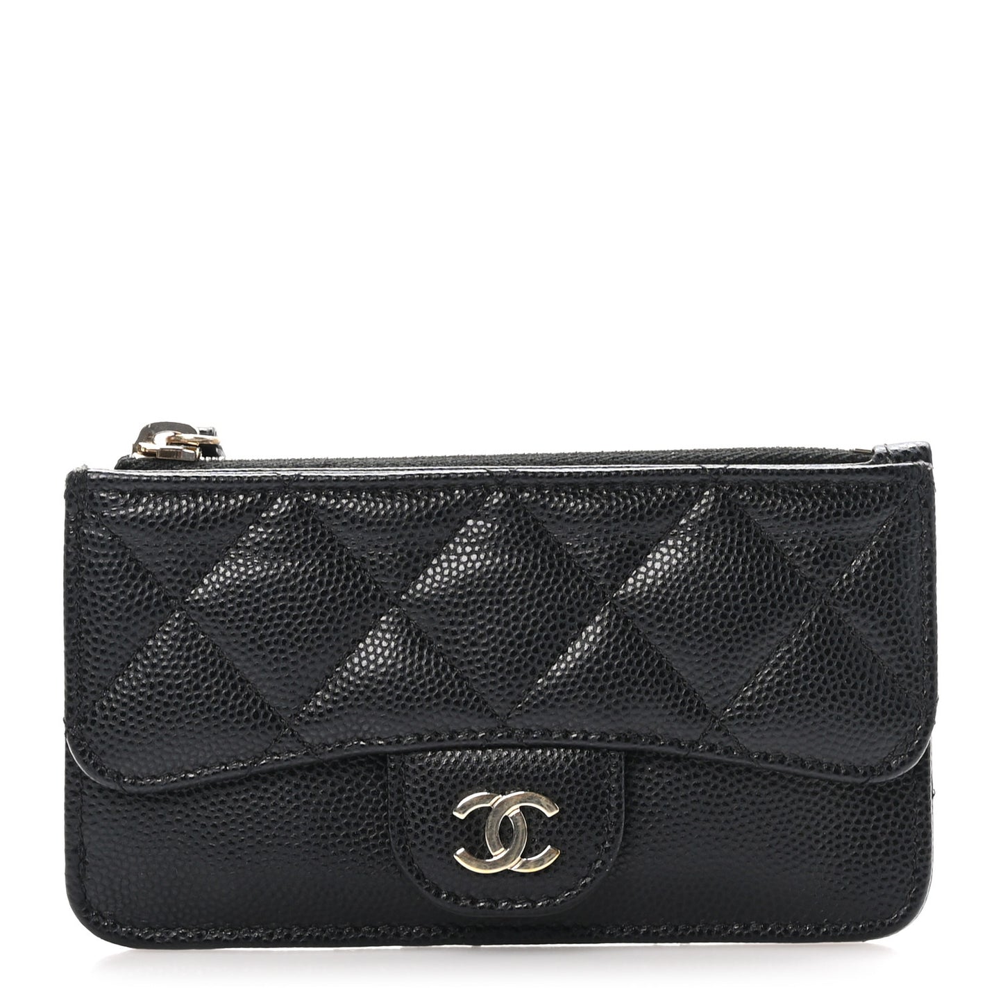 Caviar Quilted Flap Zip Card Holder Black
