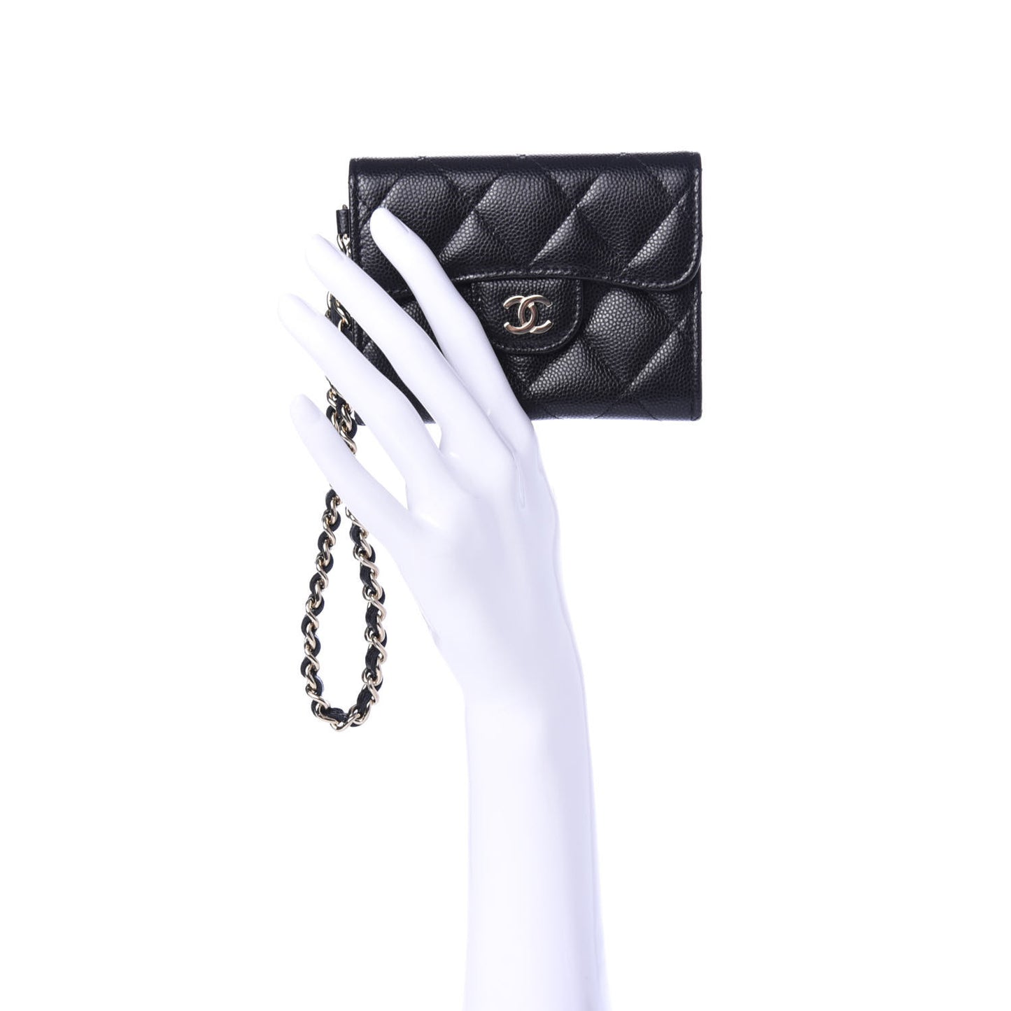 Caviar Quilted Flap Card Holder Chain Wristlet Black