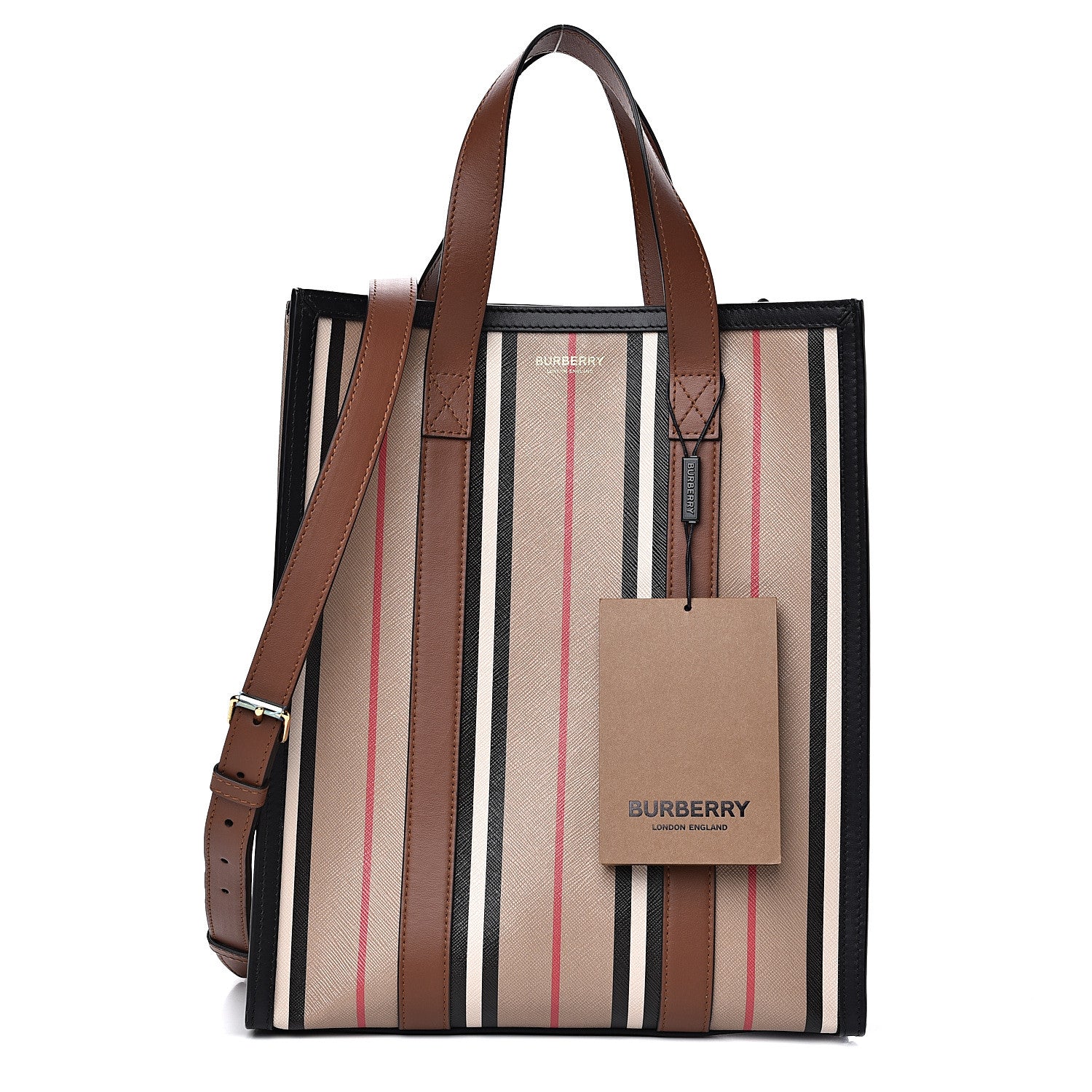 Burberry E-Canvas Stripe Small Portrait Tote Bag Brown 1 of 13