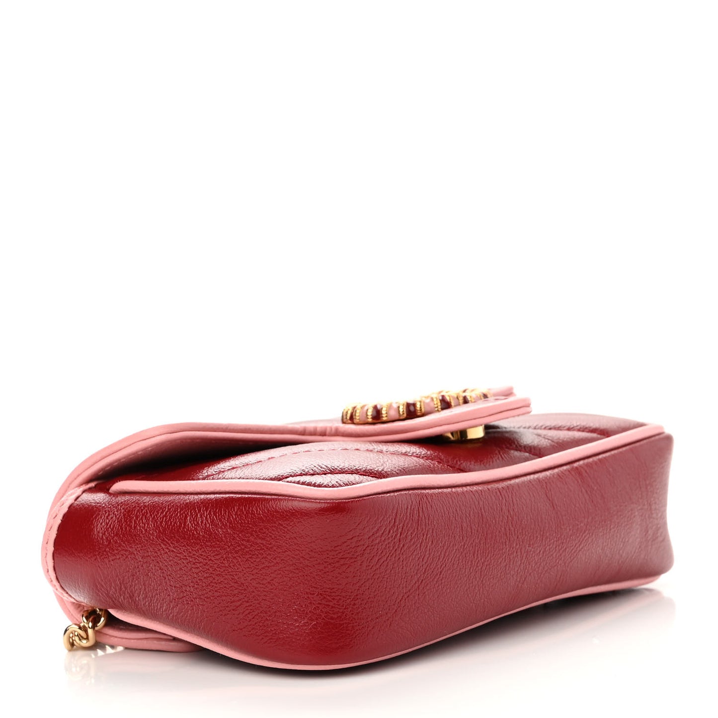 Azalea Calfskin Enamel Matelasse Diagonal Super Mini Torchon GG Marmont Shoulder Bag New Cherry Red Wild Rose