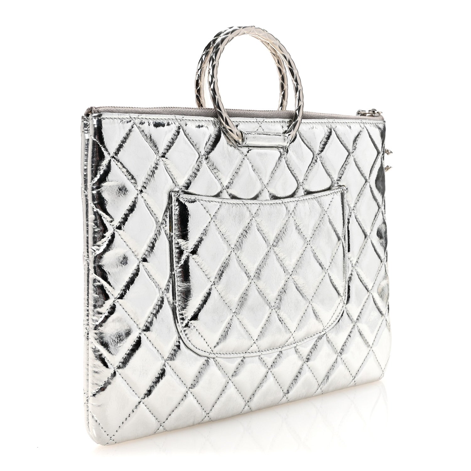 Chanel Metallic Aged Calfskin Quilted Round Handle Clutch Silver 3 of 7