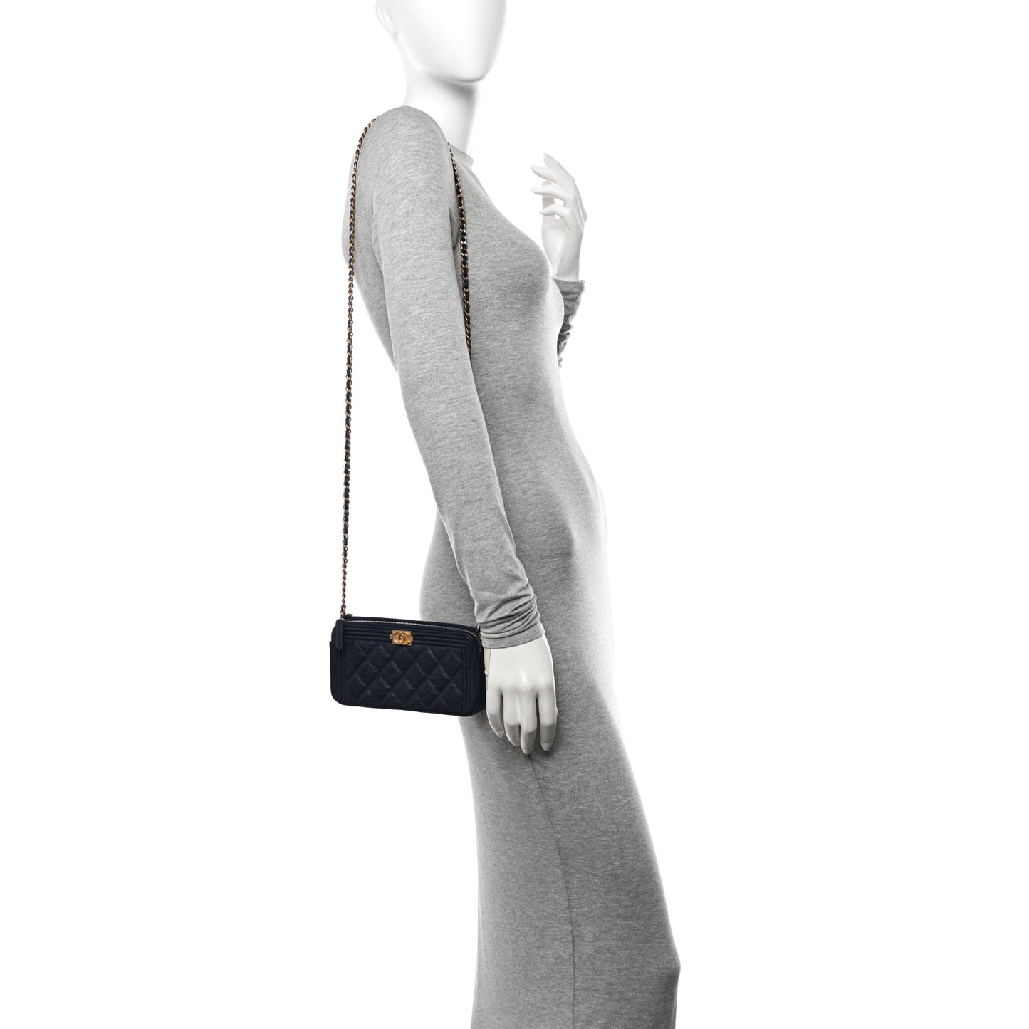 Caviar Quilted Small Boy Clutch With Chain Dark Blue