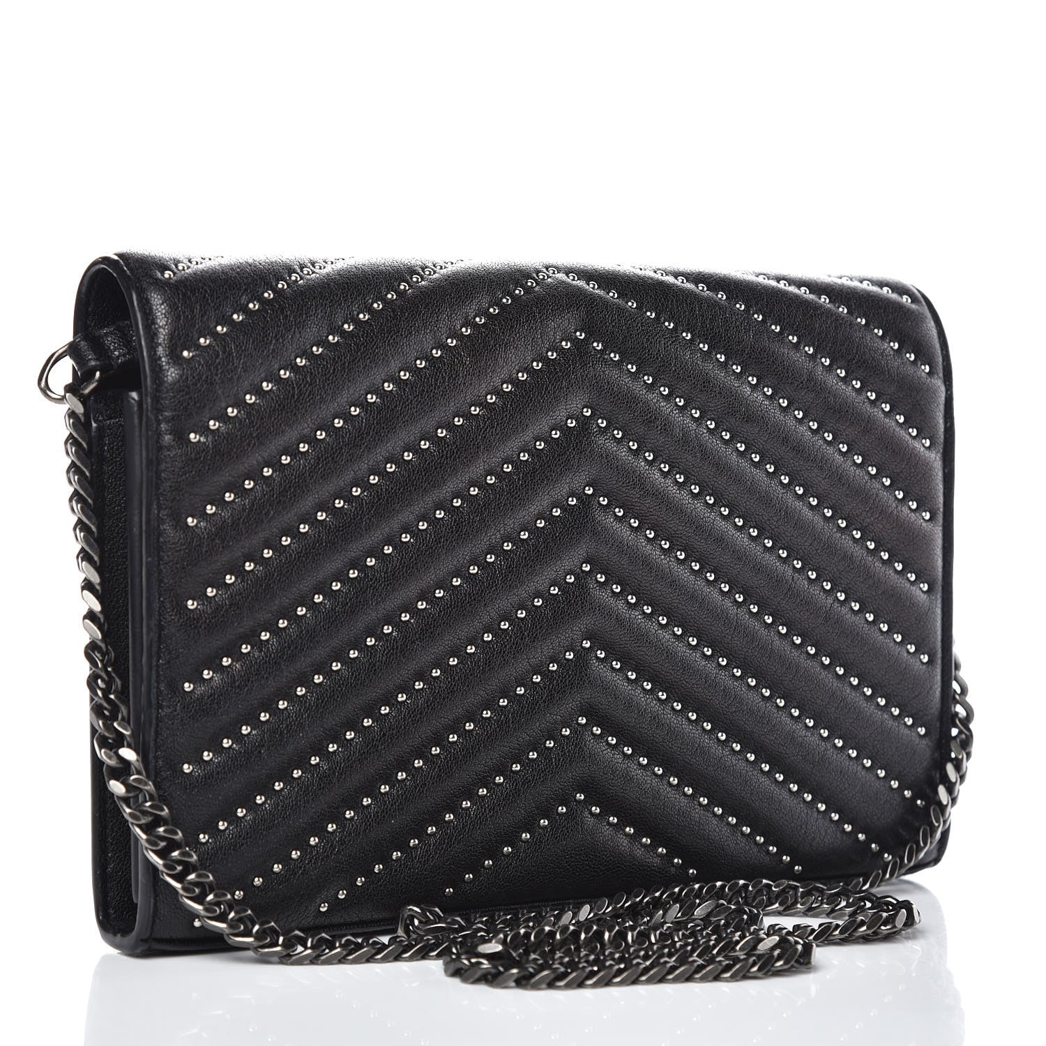 Saint Laurent Grain De Poudre Matelasse Chevron Studded Monogram Chain Wallet Black 3 of 7