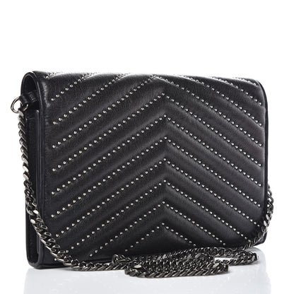Saint Laurent Grain De Poudre Matelasse Chevron Studded Monogram Chain Wallet Black 3 of 7