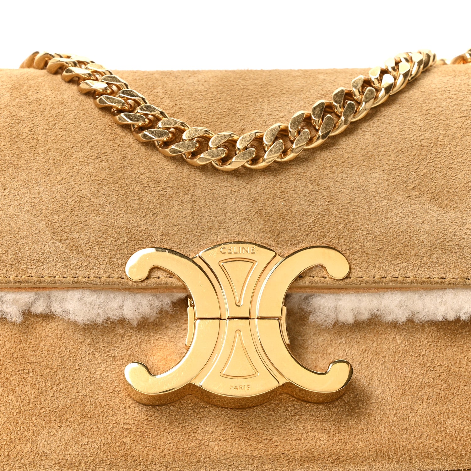 Celine Suede Shearling Triomphe Chain Shoulder Bag Beige 1813064