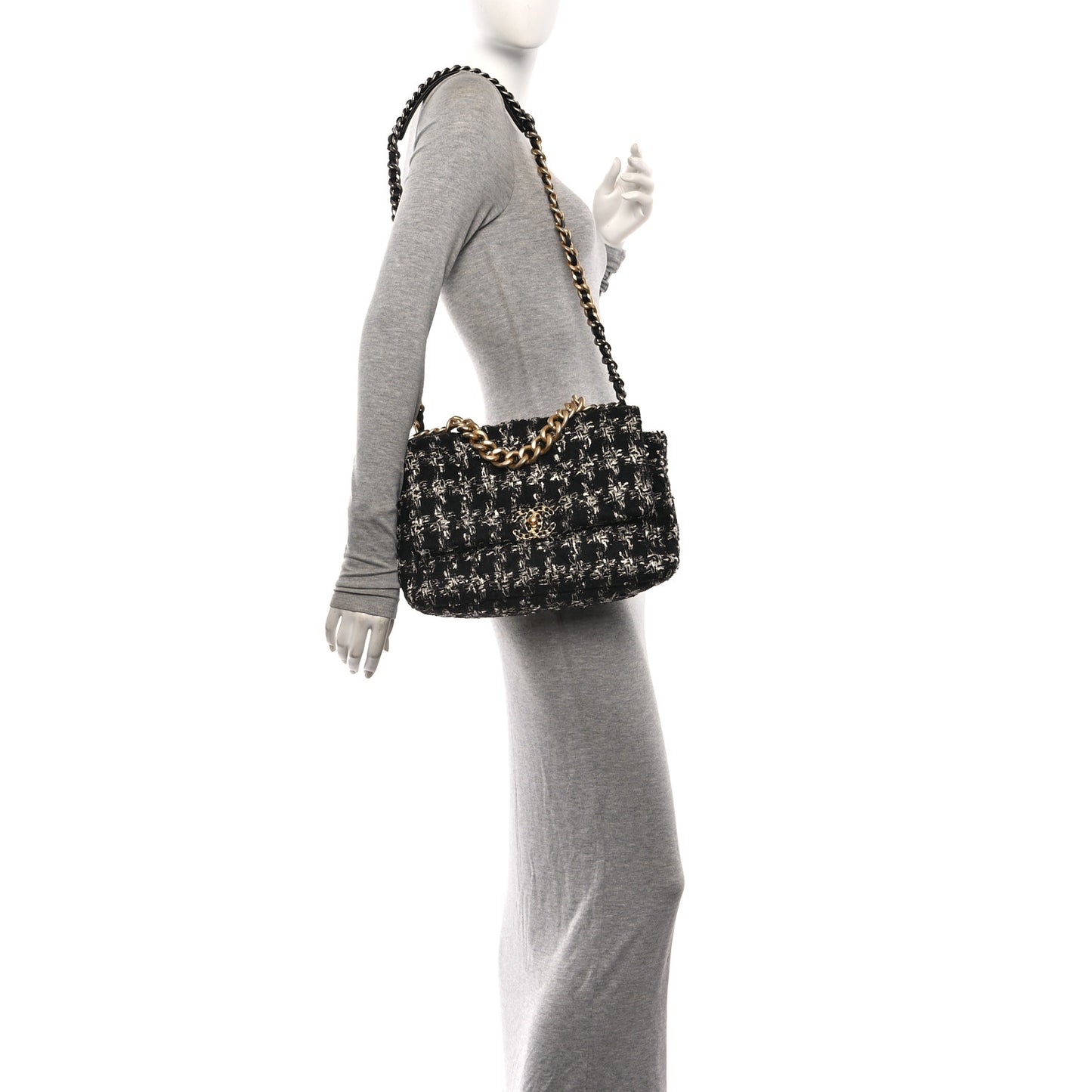 Tweed Quilted Large Chanel 19 Flap Black Silver Ecru