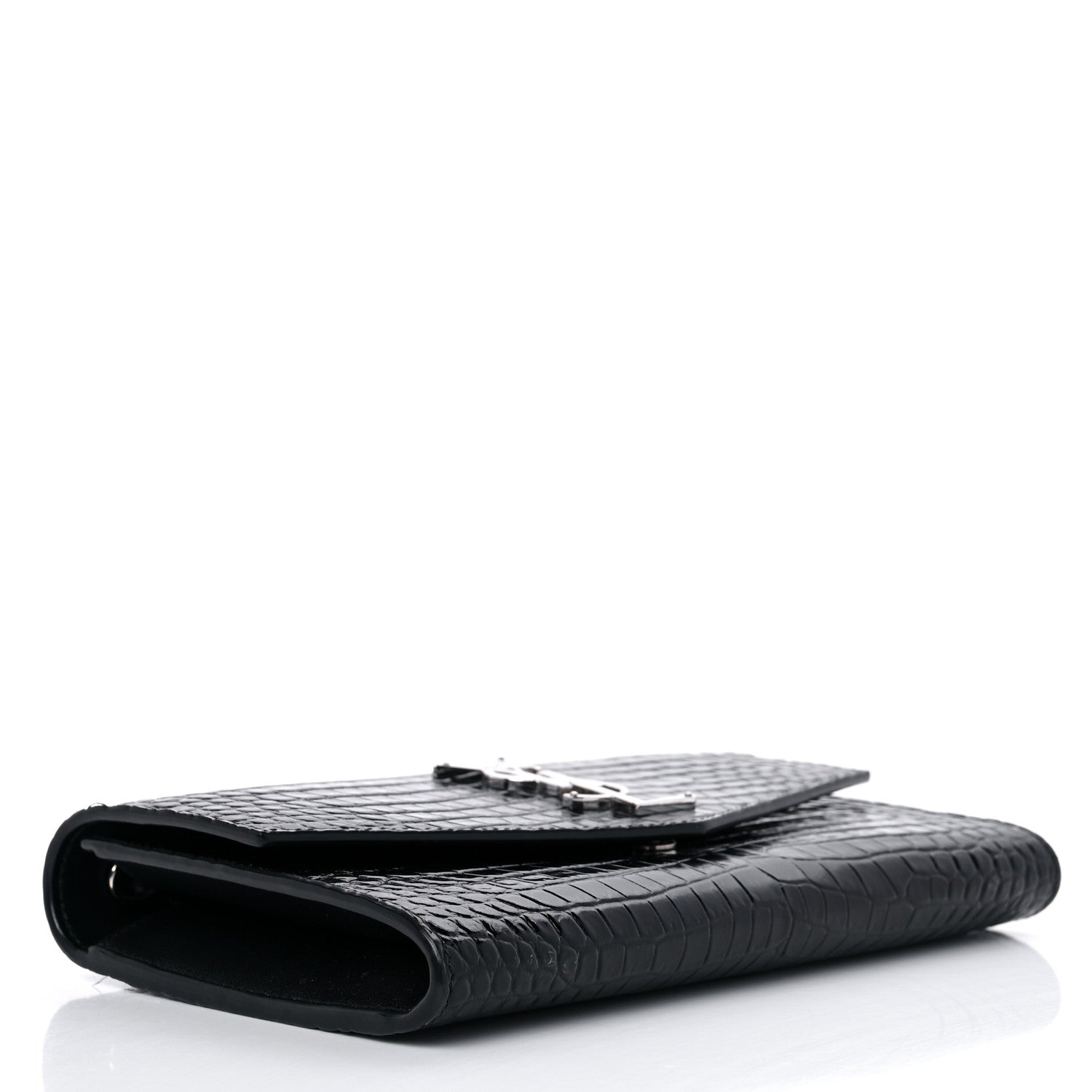 Saint Laurent Calfskin Crocodile Embossed Monogram Uptown Chain Wallet Black 5 of 11