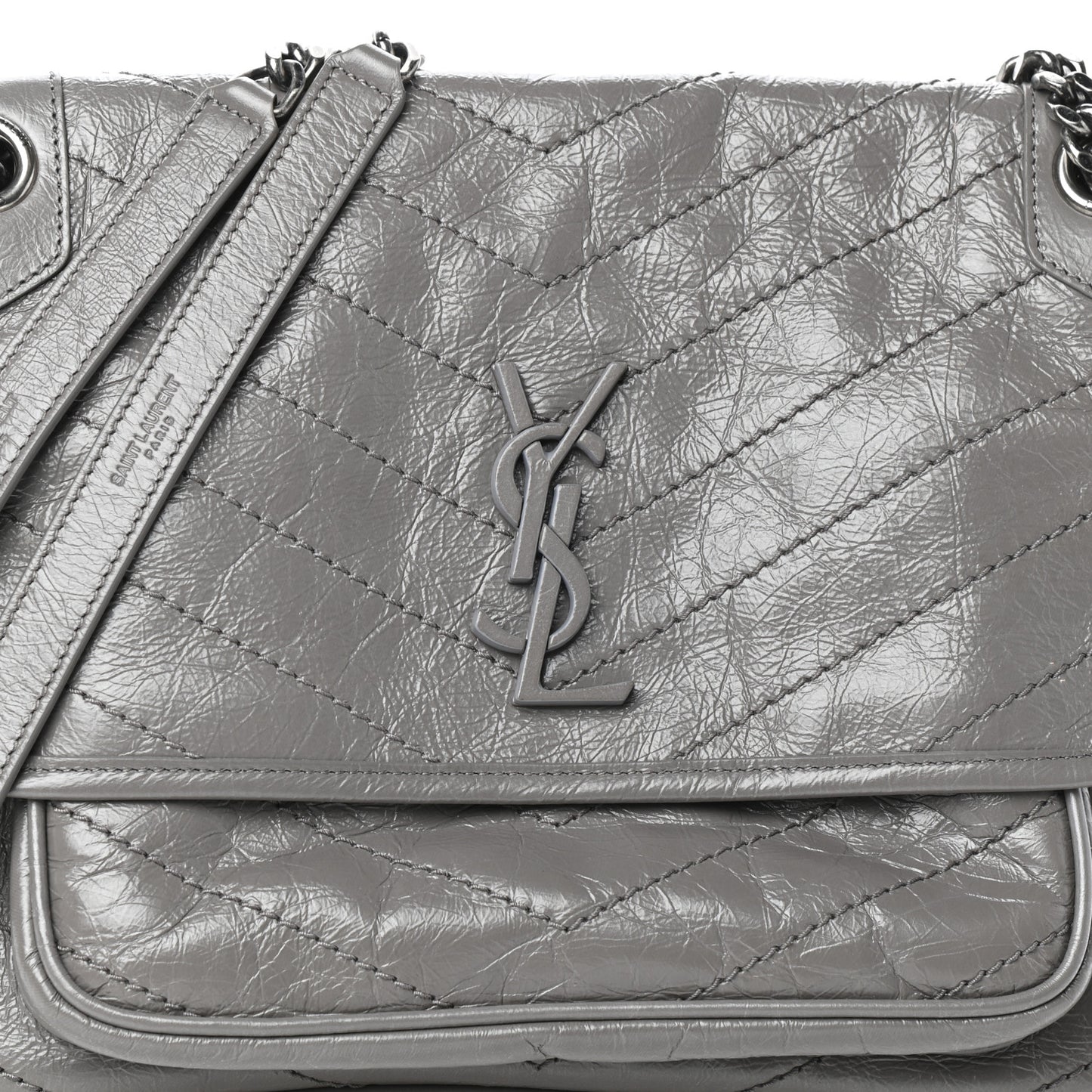 Crinkled Calfskin Matelasse Monogram Medium Niki Chain Satchel Fog