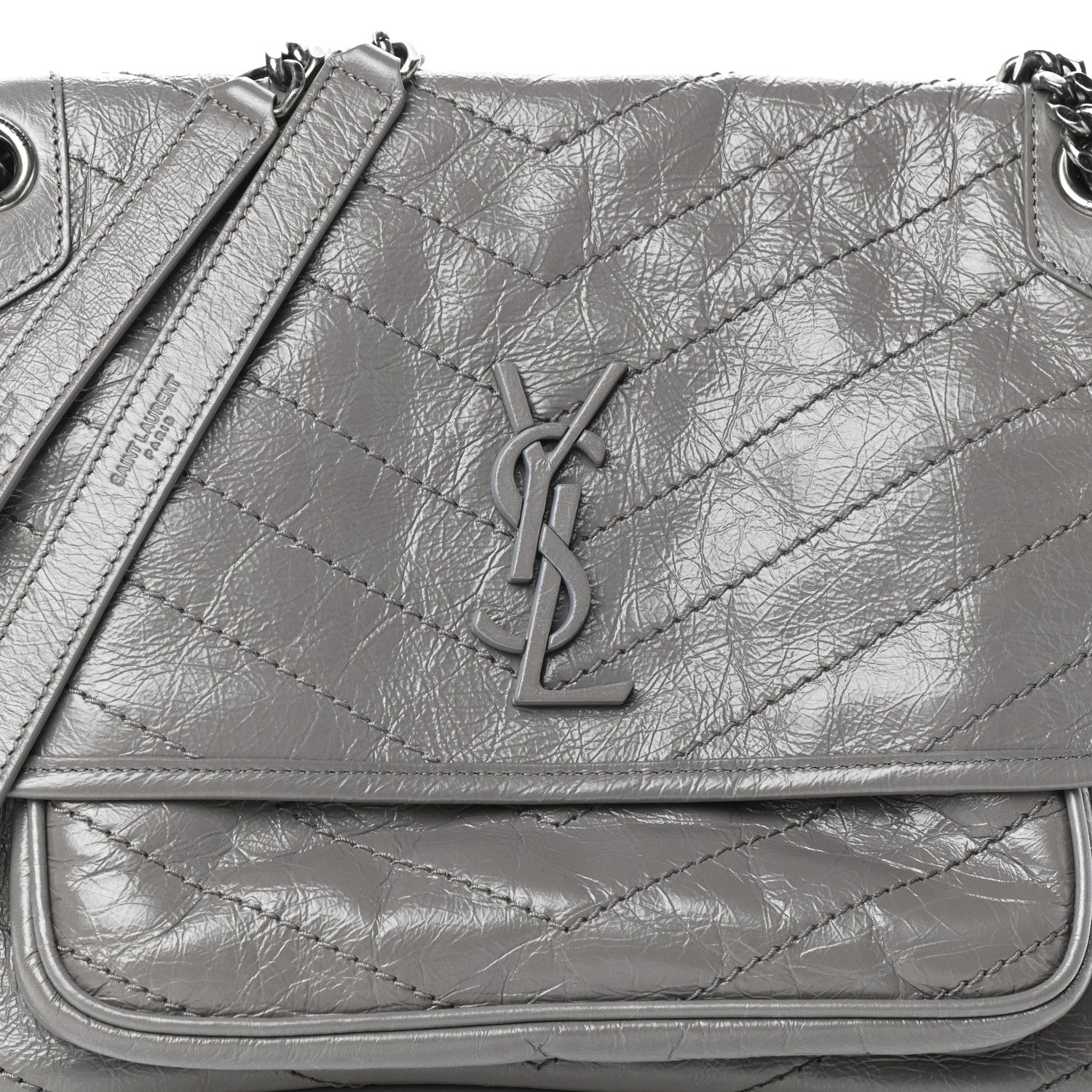 Saint Laurent Crinkled Calfskin Matelasse Monogram Medium Niki Chain Satchel Fog 7 of 9