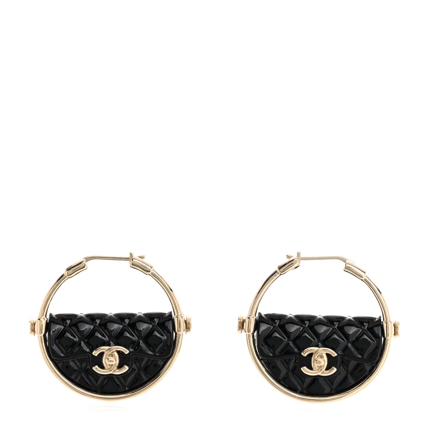 Metal Resin Quilted Flap Bag Hoop Earrings Black Gold