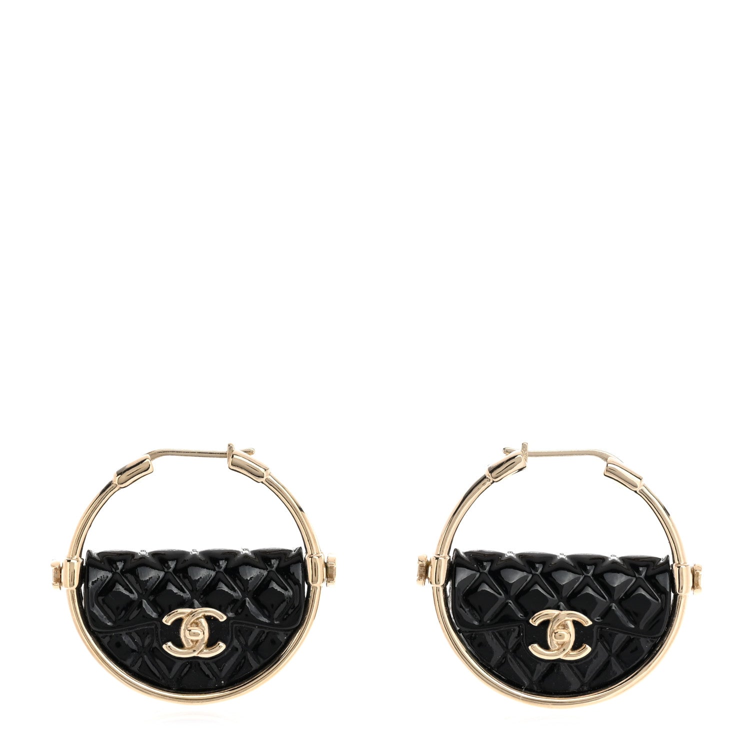 Chanel Metal Resin Quilted Flap Bag Hoop Earrings Black Gold 1 of 5