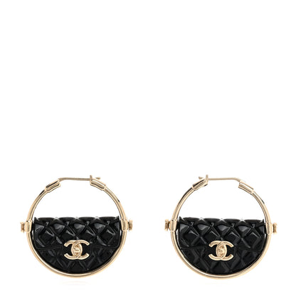 Chanel Metal Resin Quilted Flap Bag Hoop Earrings Black Gold 1 of 5