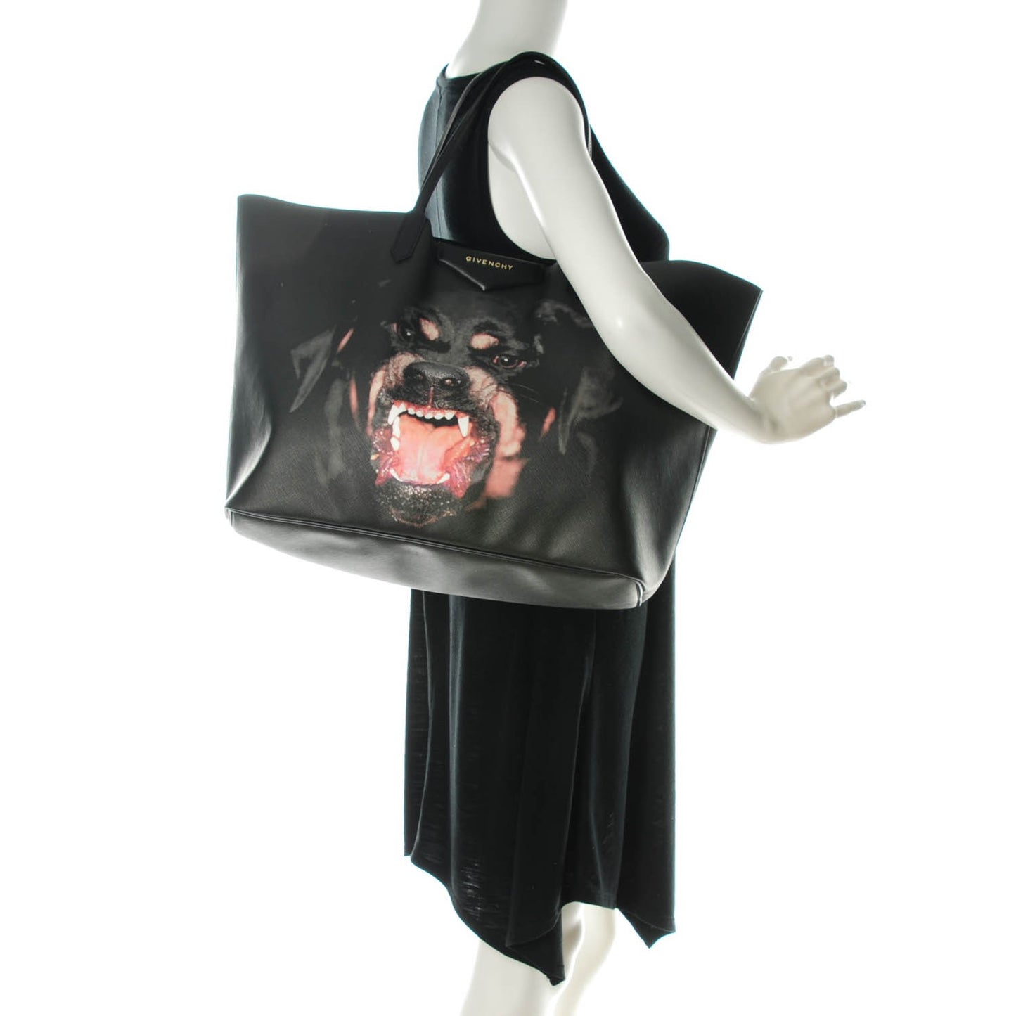 Textured Coated Canvas Rottweiler Print Medium Antigona Tote Black