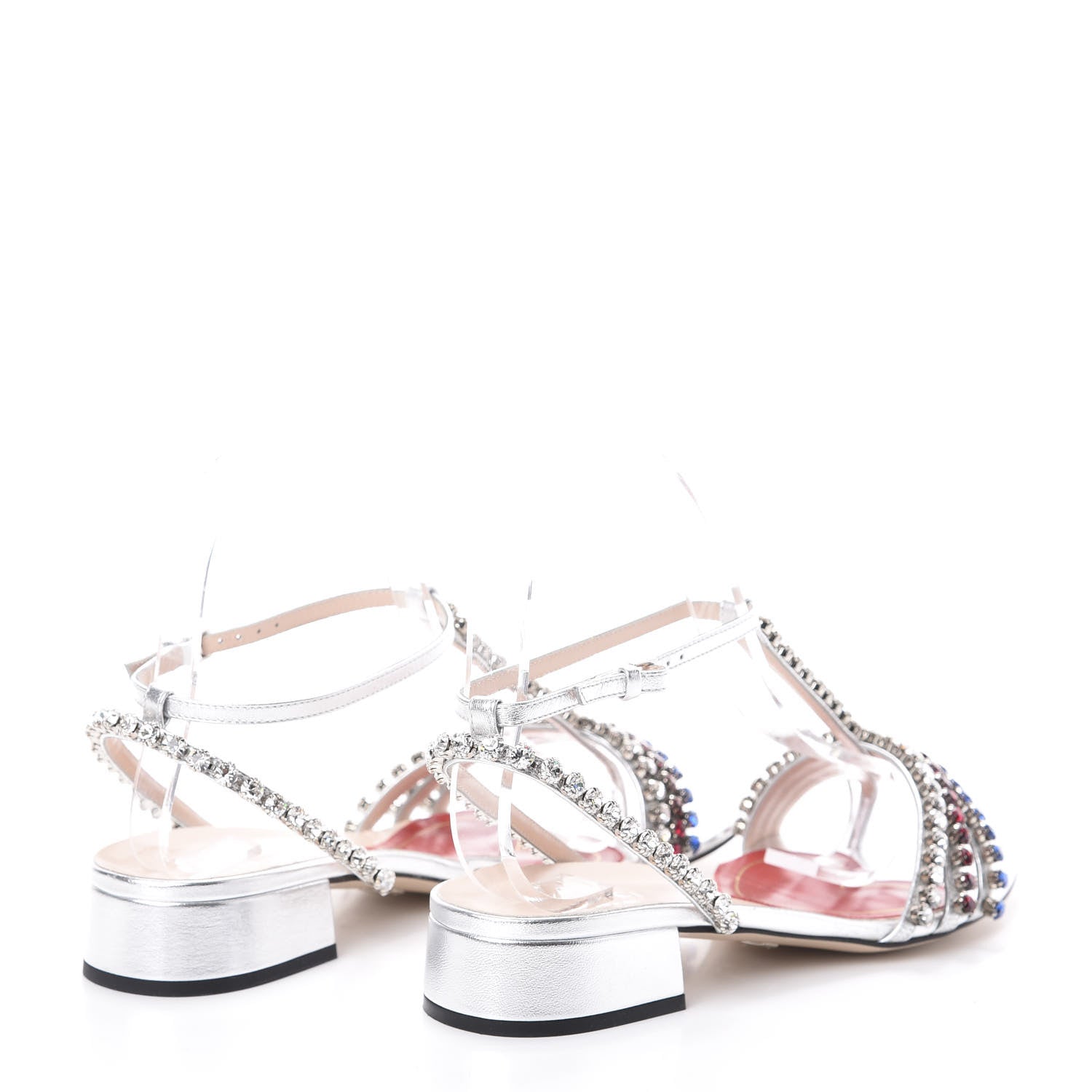 Gucci Nappa Silk Crystal Bertie T-Strap Low Heel Sandals 36.5 Argento 4 of 7