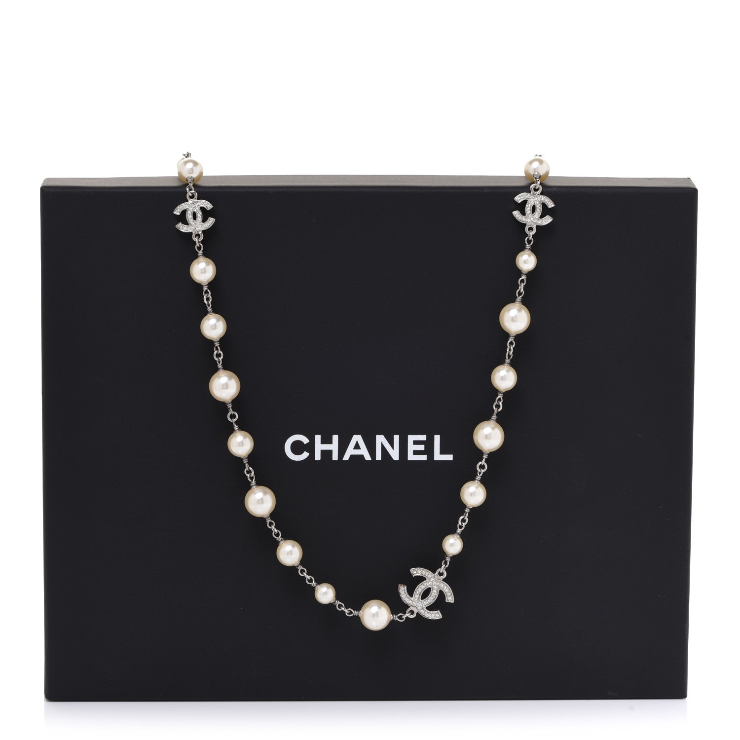 Chanel Crystal Pearl CC Long Necklace Silver 6 of 6