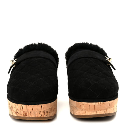 Chanel Suede Calfskin Shearling Turn Lock Clogs 38 Black 3 of 8