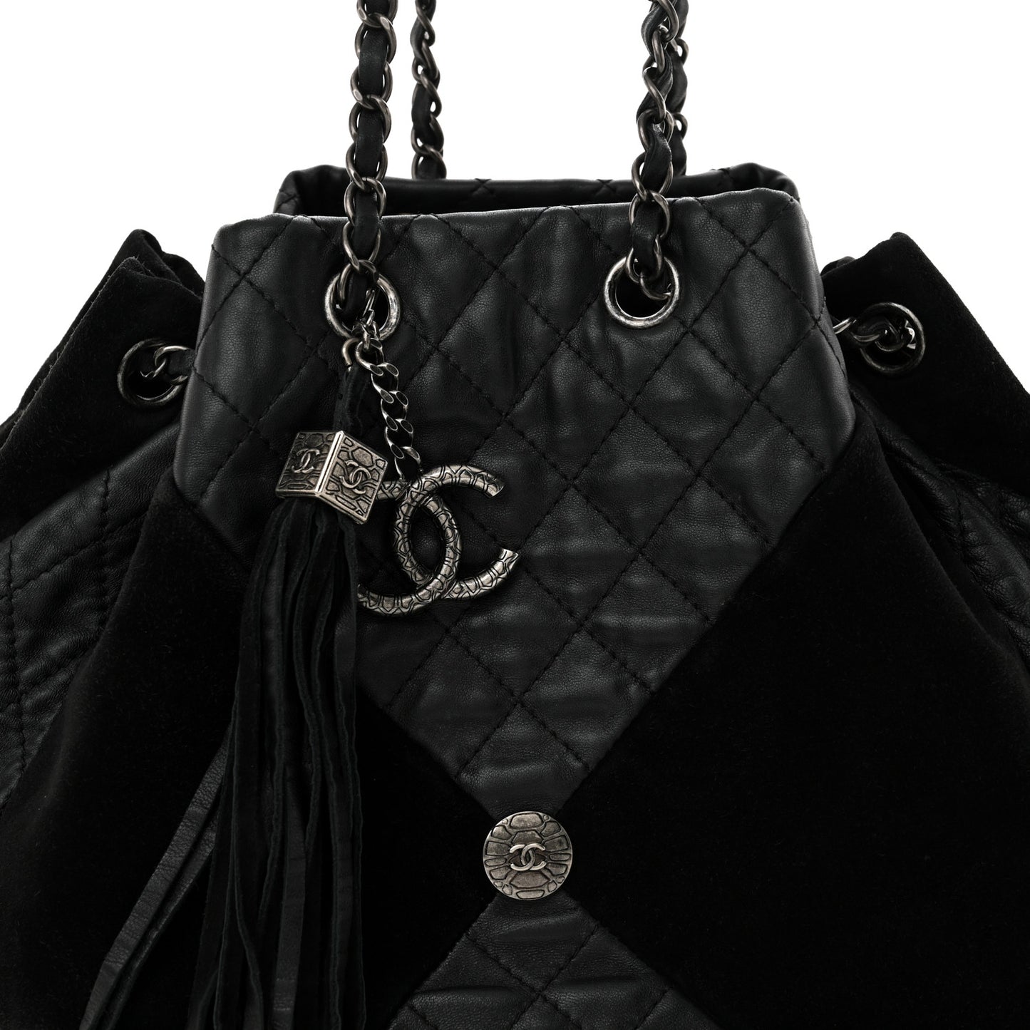 Goatskin Suede Calfskin Quilted Patchwork Drawstring Bag Black