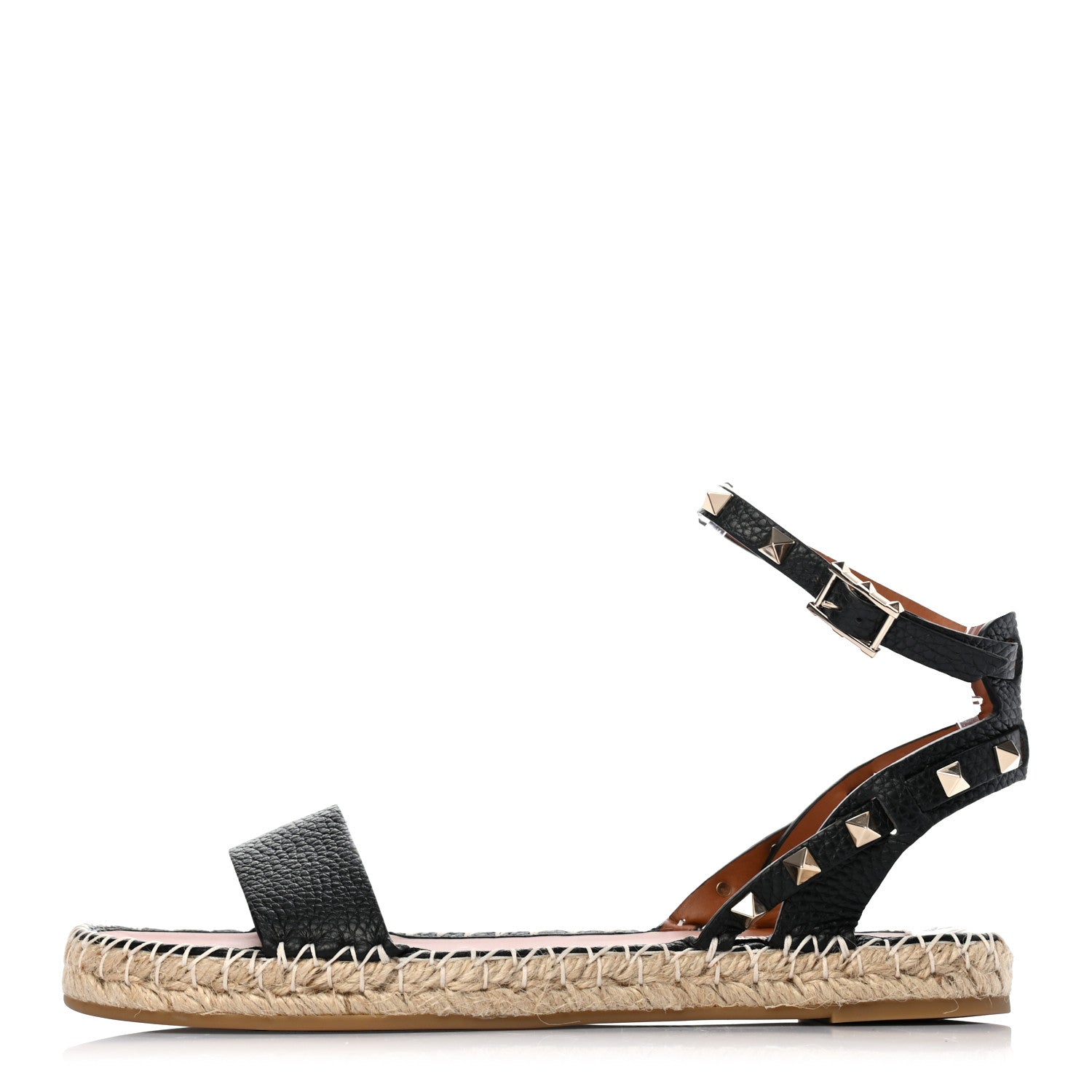 Valentino Garavani Grained Calfskin Rockstud Ankle Strap Espadrille Flat Sandals 39 Black 1 of 8
