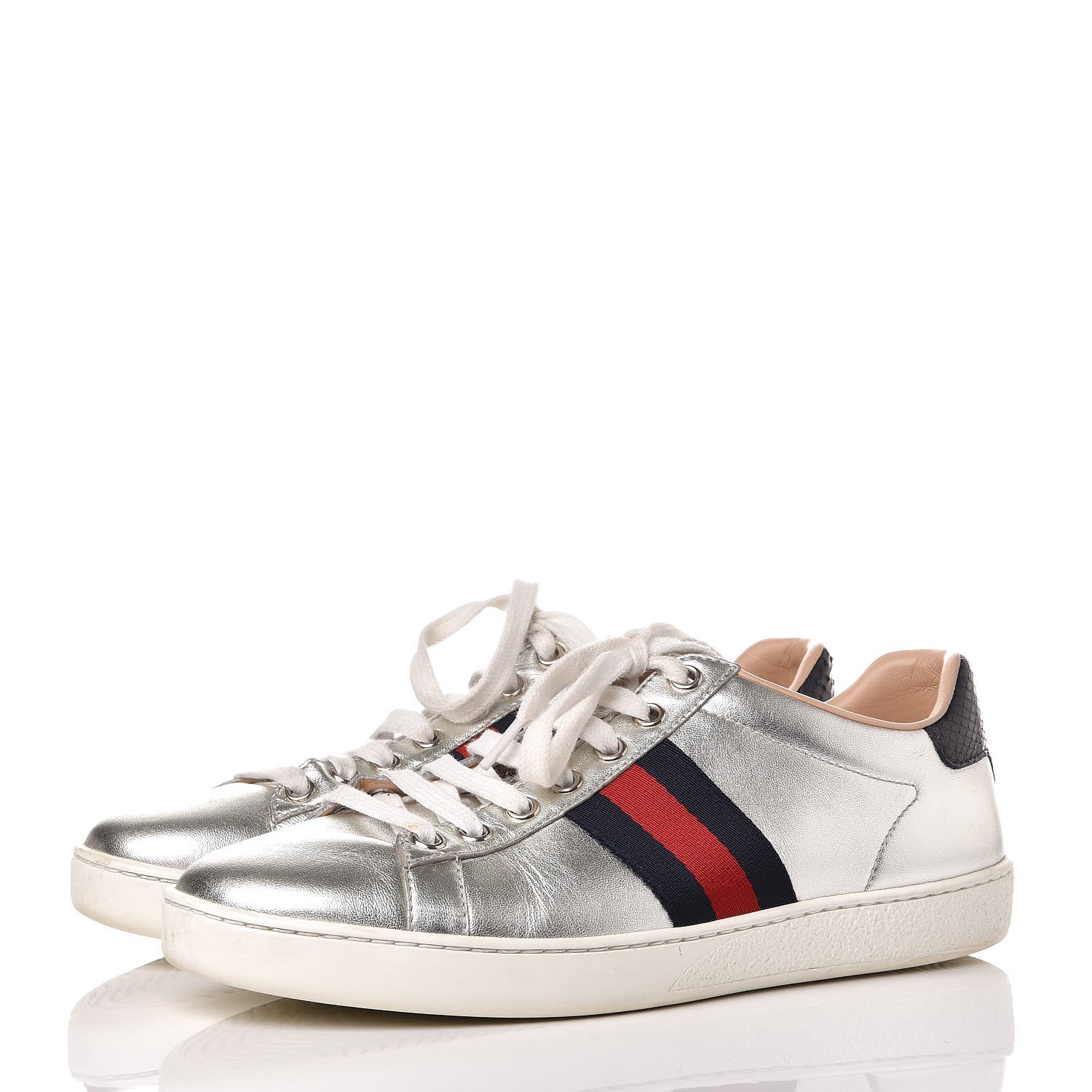 Gucci Metallic Nappa Silk Ayers Web Womens Ace Sneakers 37 Silver 3 of 16