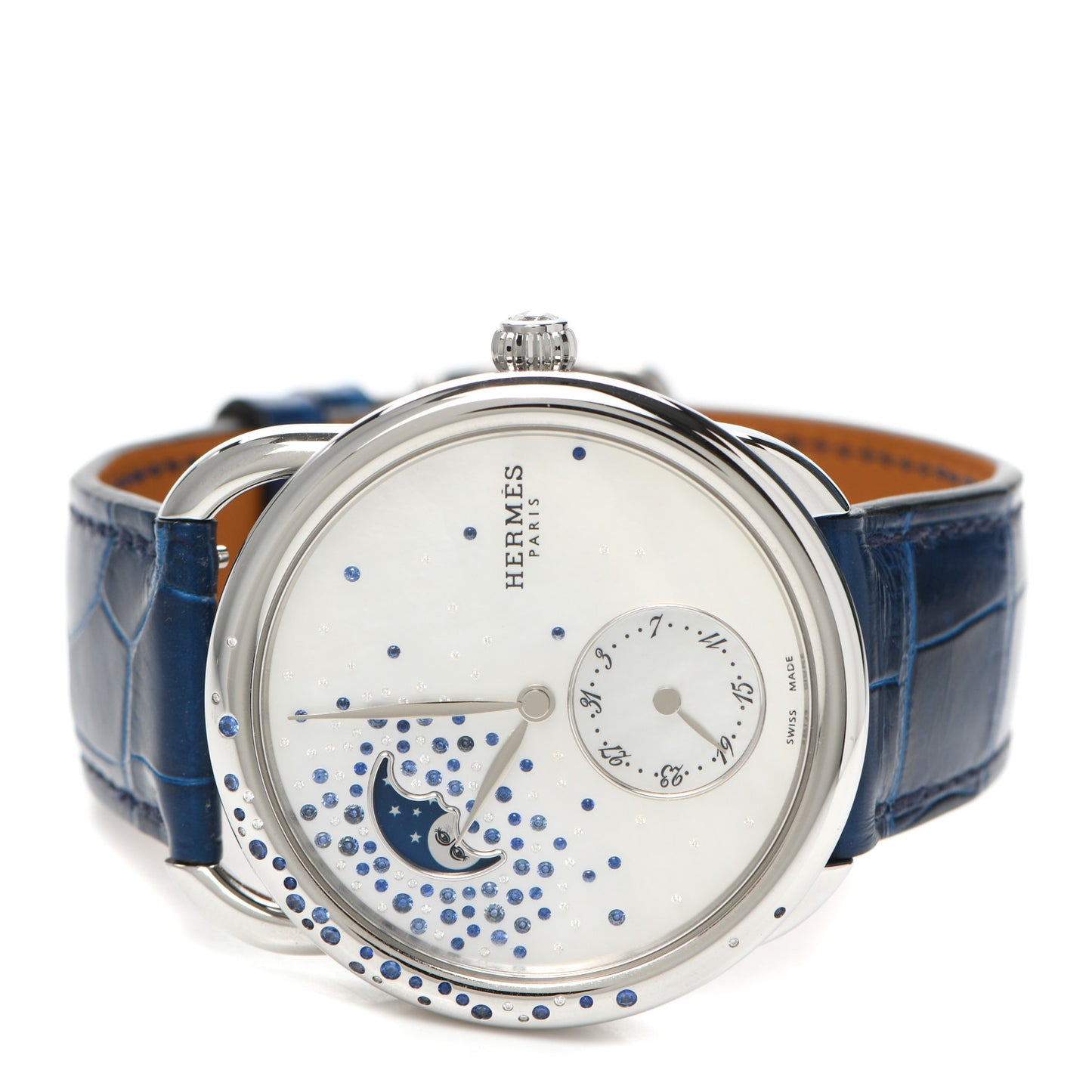 Stainless Steel Alligator Diamond Blue Sapphire Mother of Pearl 38mm Arceau Petite Lune Automatic Watch Bleu Saphir