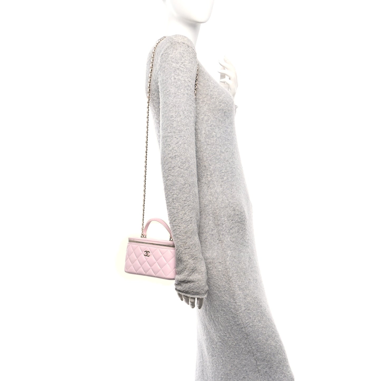 Lambskin Quilted Small Top Handle Vanity Case With Chain Light Pink