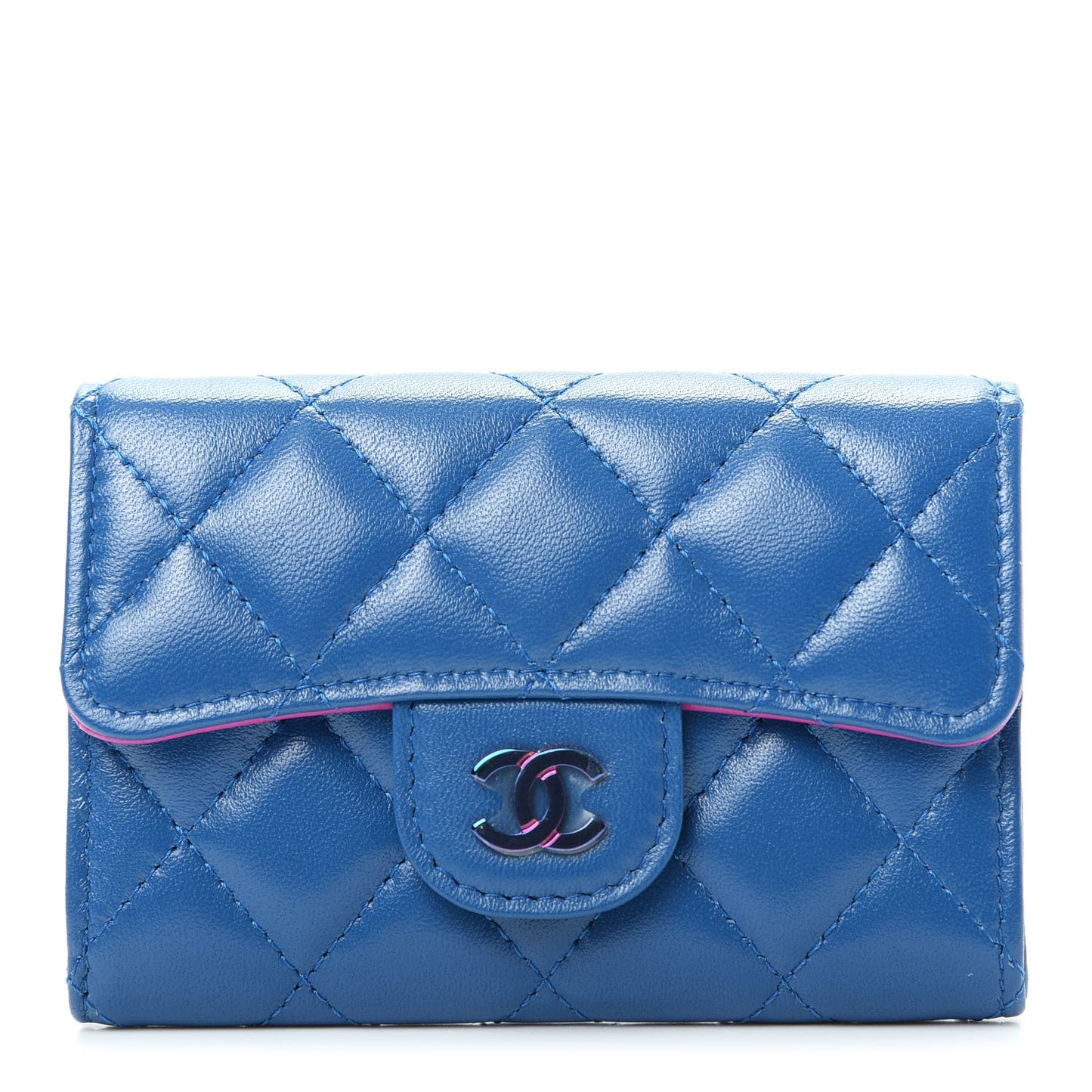 Lambskin Quilted Flap Card Holder Wallet Blue Pink