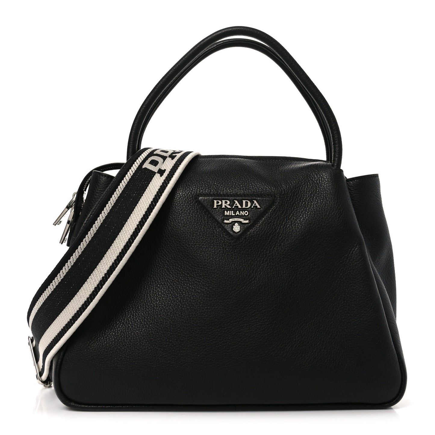 Vitello Daino Soft Medium Zippered Top Handle Bag Black
