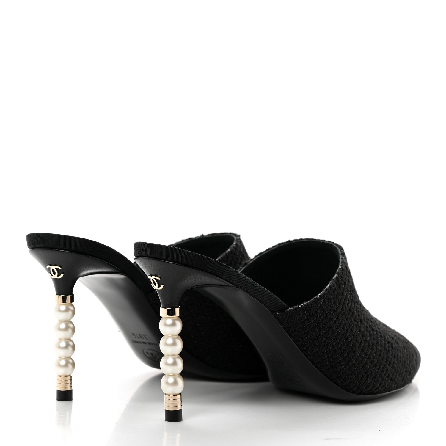 Chanel Tweed Grosgrain Cap Toe Pearl Mule 38.5 Black 4 of 11