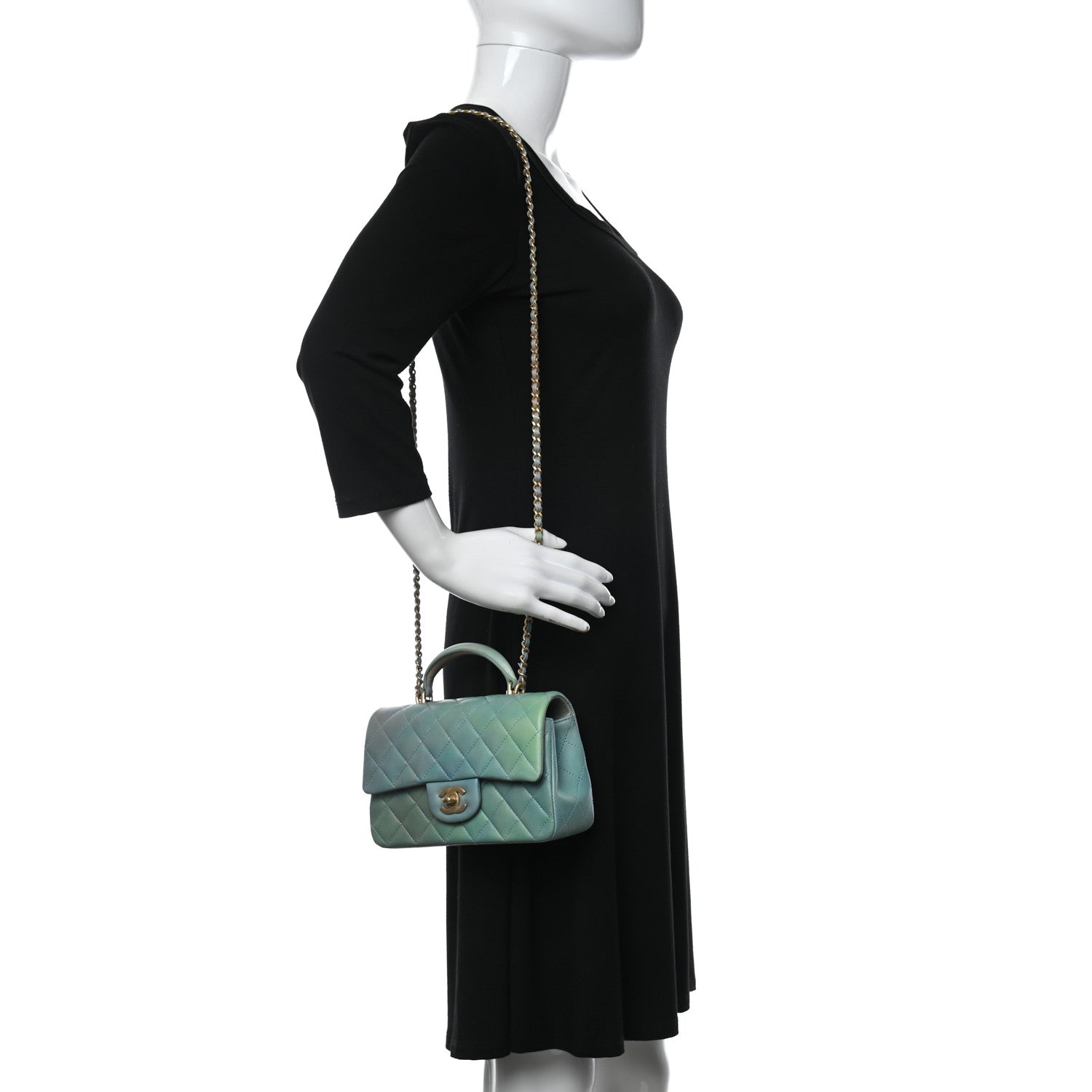Chanel Lambskin Quilted Ombre Mini Top Handle Rectangular Flap Blue Green 2 of 13