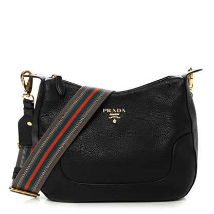 Prada Vitello Daino Zippered Messenger Hobo Black 1 of 14