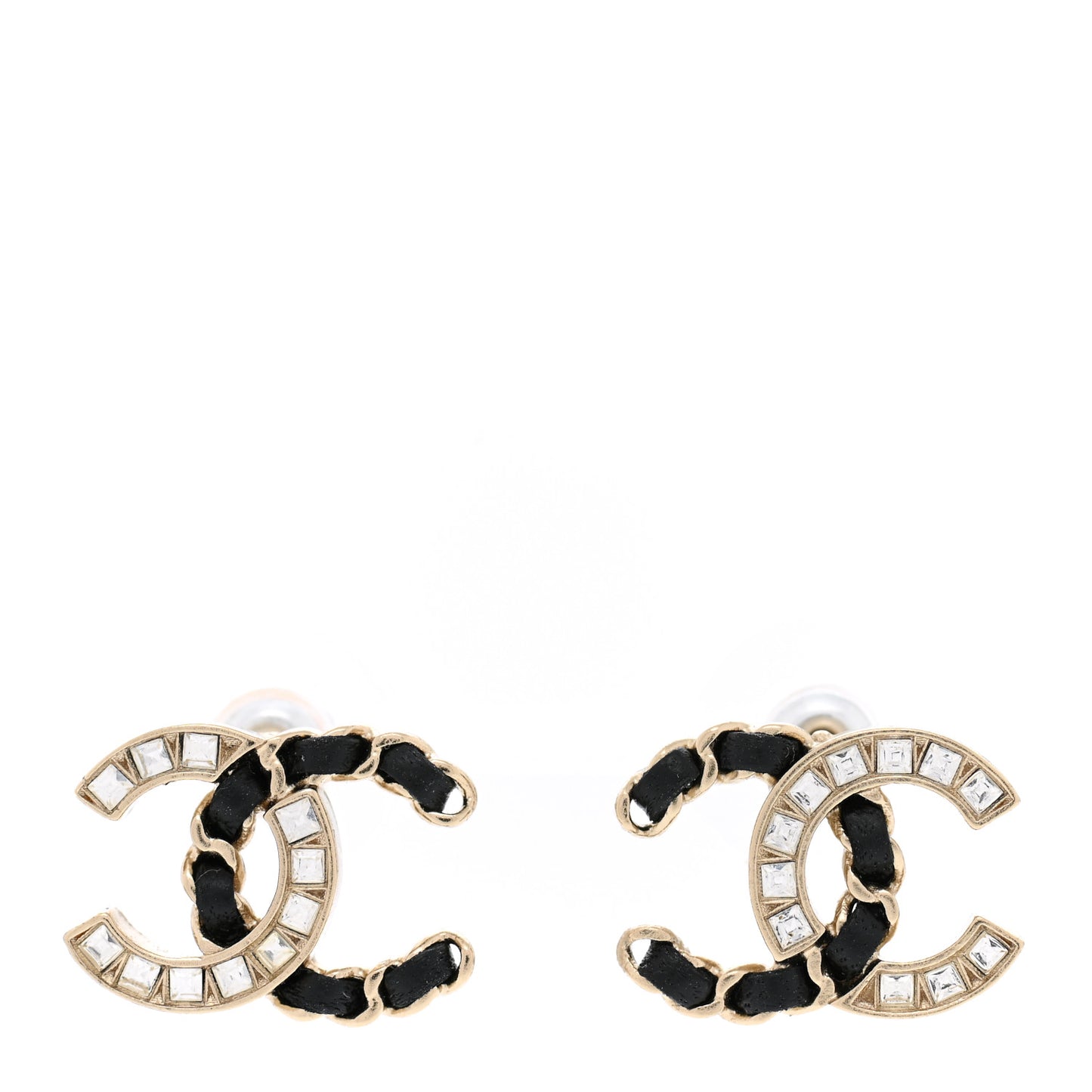 Crystal Baguette Lambskin Chain CC Vintage Allure Stud Earrings Black Gold