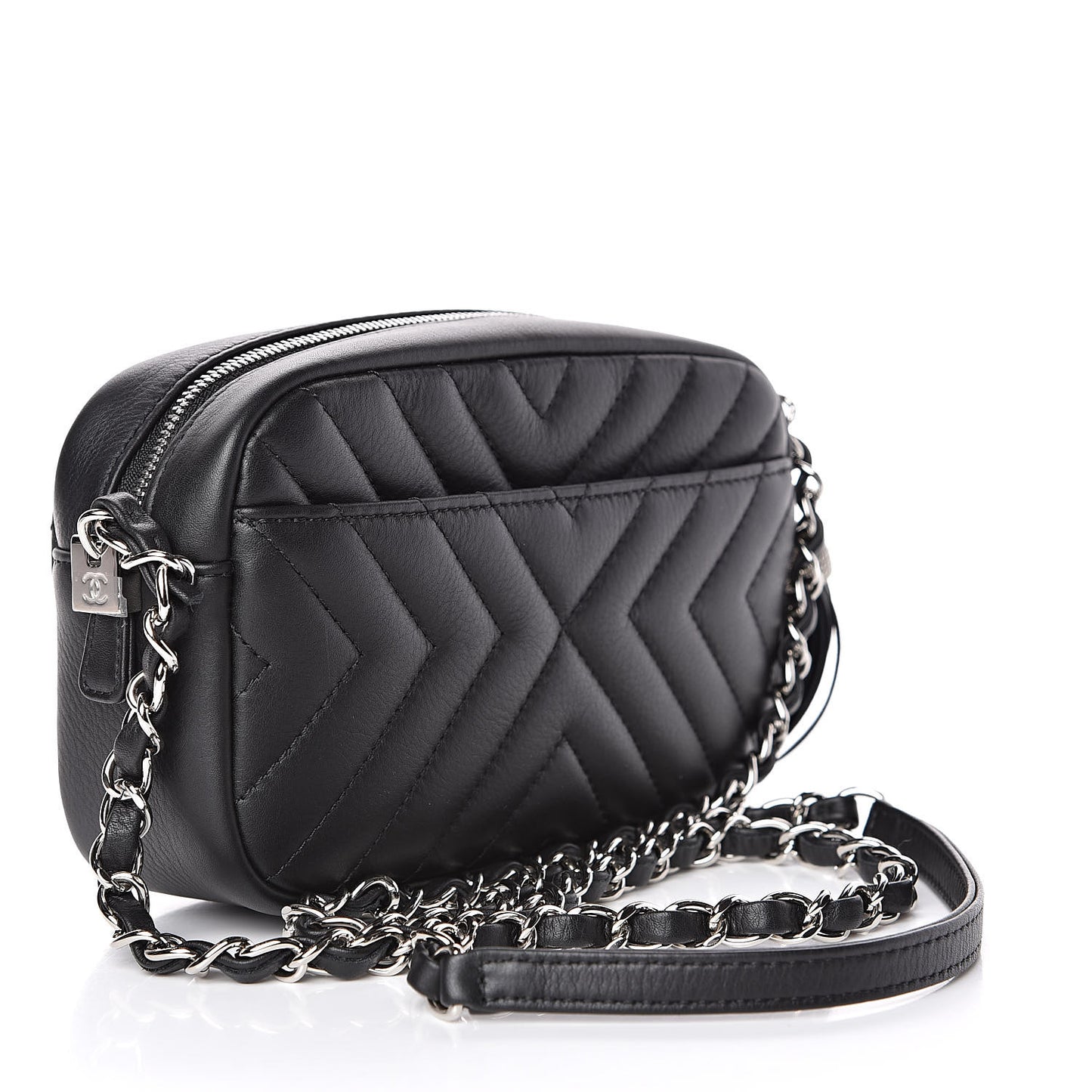 Calfskin Diagonal Chevron Quilted Tassel Camera Case Black
