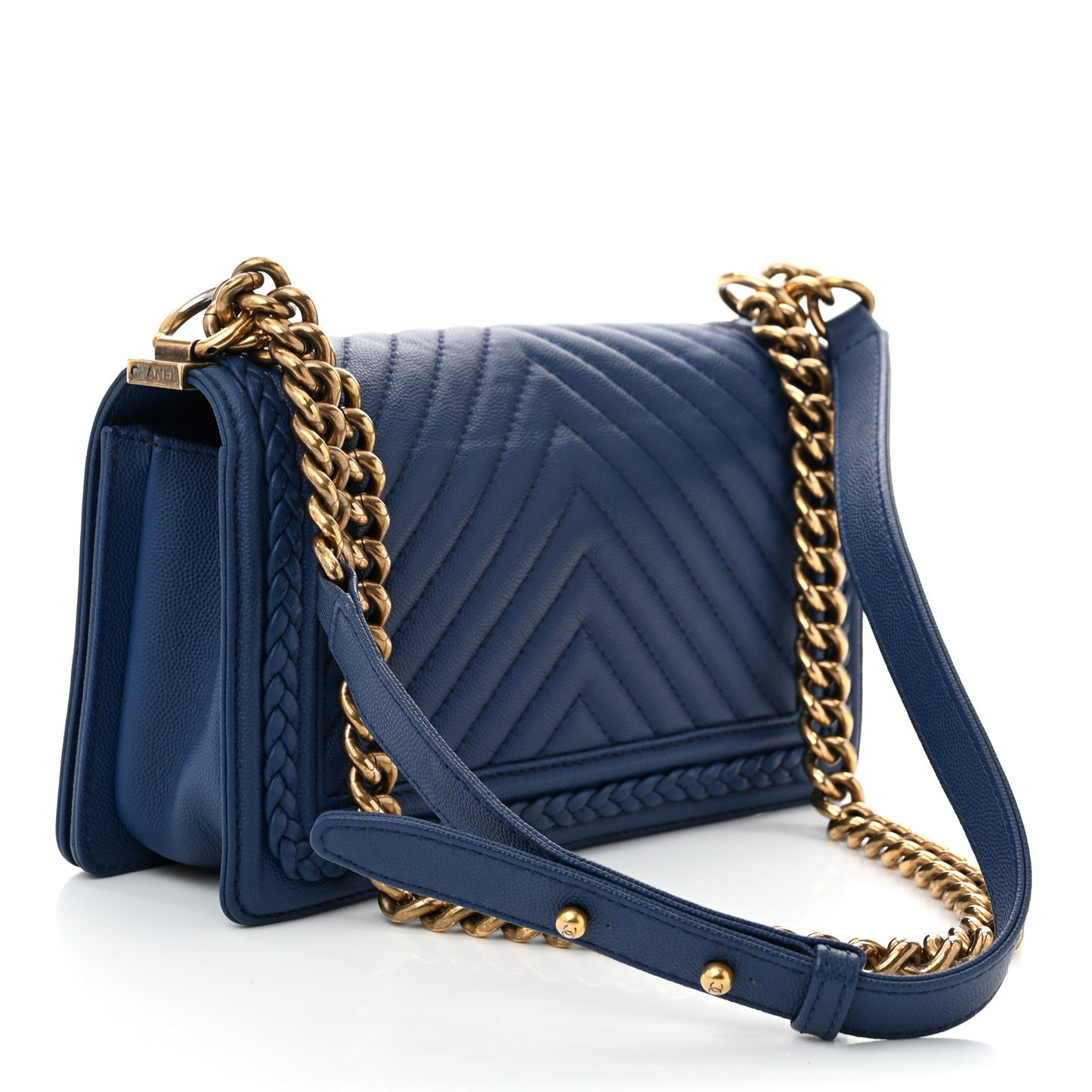 Caviar Chevron Quilted Braided Medium Boy Flap Blue