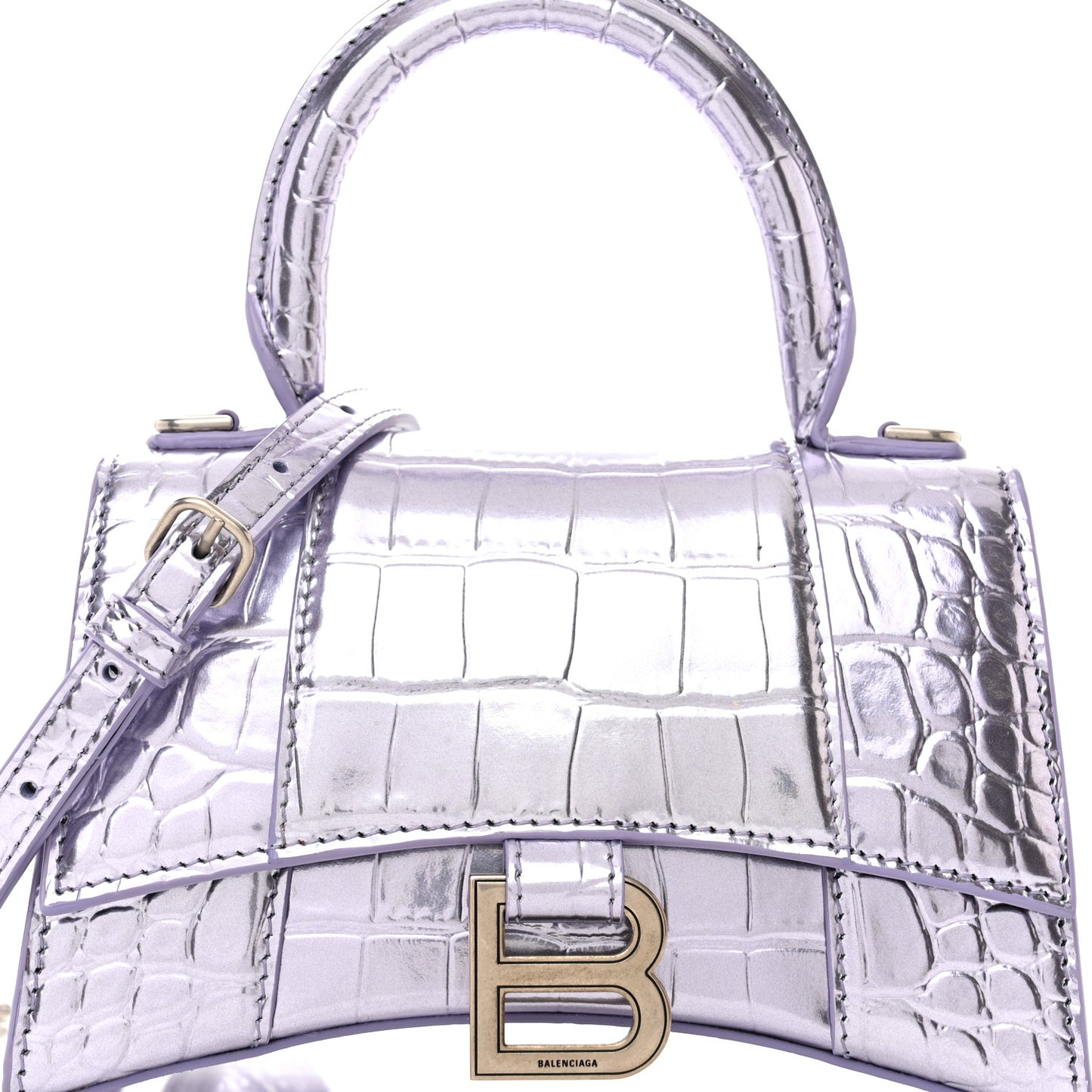 Metallic Calfskin Crocodile Embossed Hourglass Top Handle Bag XS Lilac