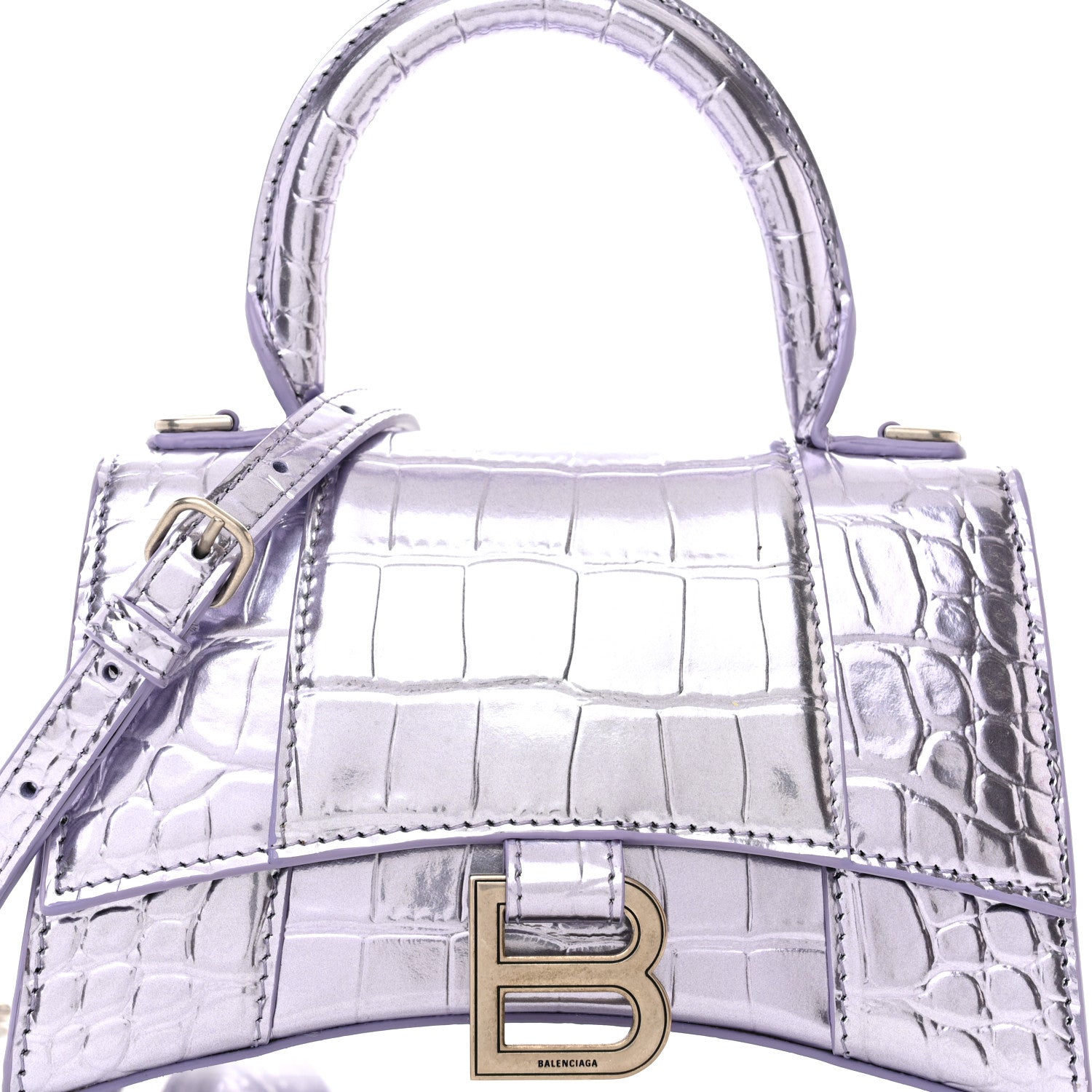 Balenciaga Metallic Calfskin Crocodile Embossed Hourglass Top Handle Bag XS Lilac 9 of 13