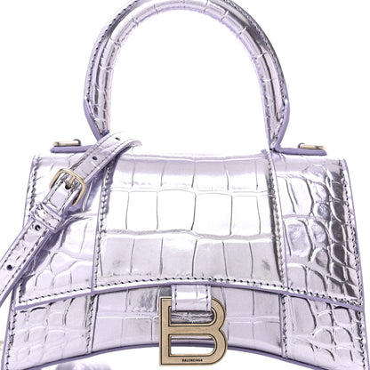 Balenciaga Metallic Calfskin Crocodile Embossed Hourglass Top Handle Bag XS Lilac 9 of 13