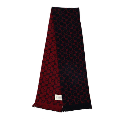 Gucci Wool GG Monogram Knit Longfog Fringe Scarf Midnight Blue Red 2 of 3