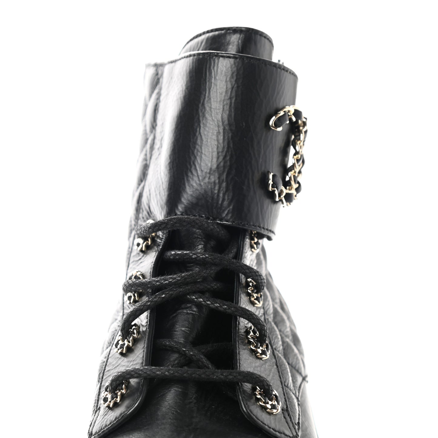 Shiny Goatskin Calfskin Quilted Lace Up Combat Boots 40 Black