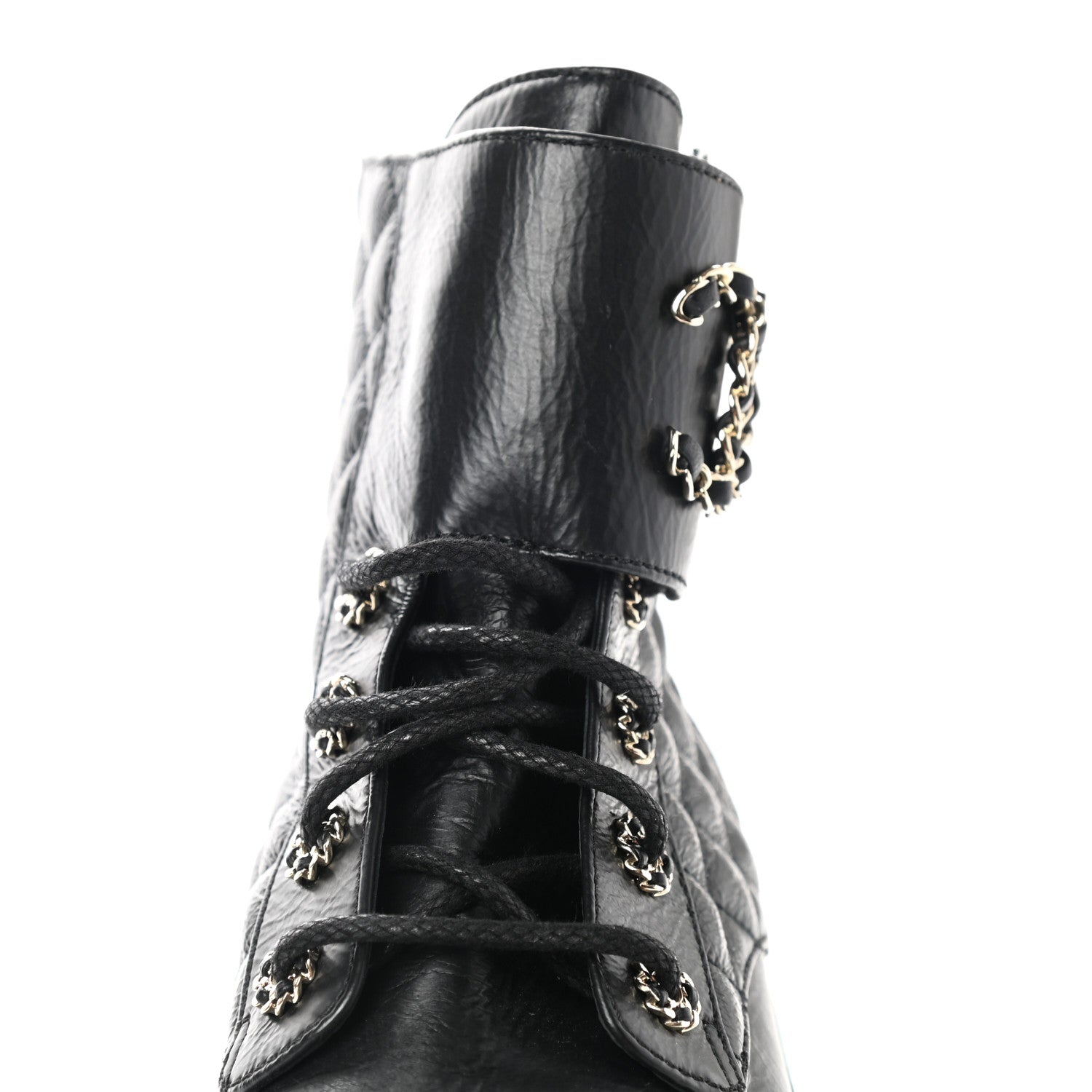 Chanel Shiny Goatskin Calfskin Quilted Lace Up Combat Boots 40 Black 9 of 9