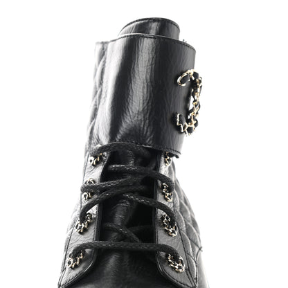 Chanel Shiny Goatskin Calfskin Quilted Lace Up Combat Boots 40 Black 9 of 9
